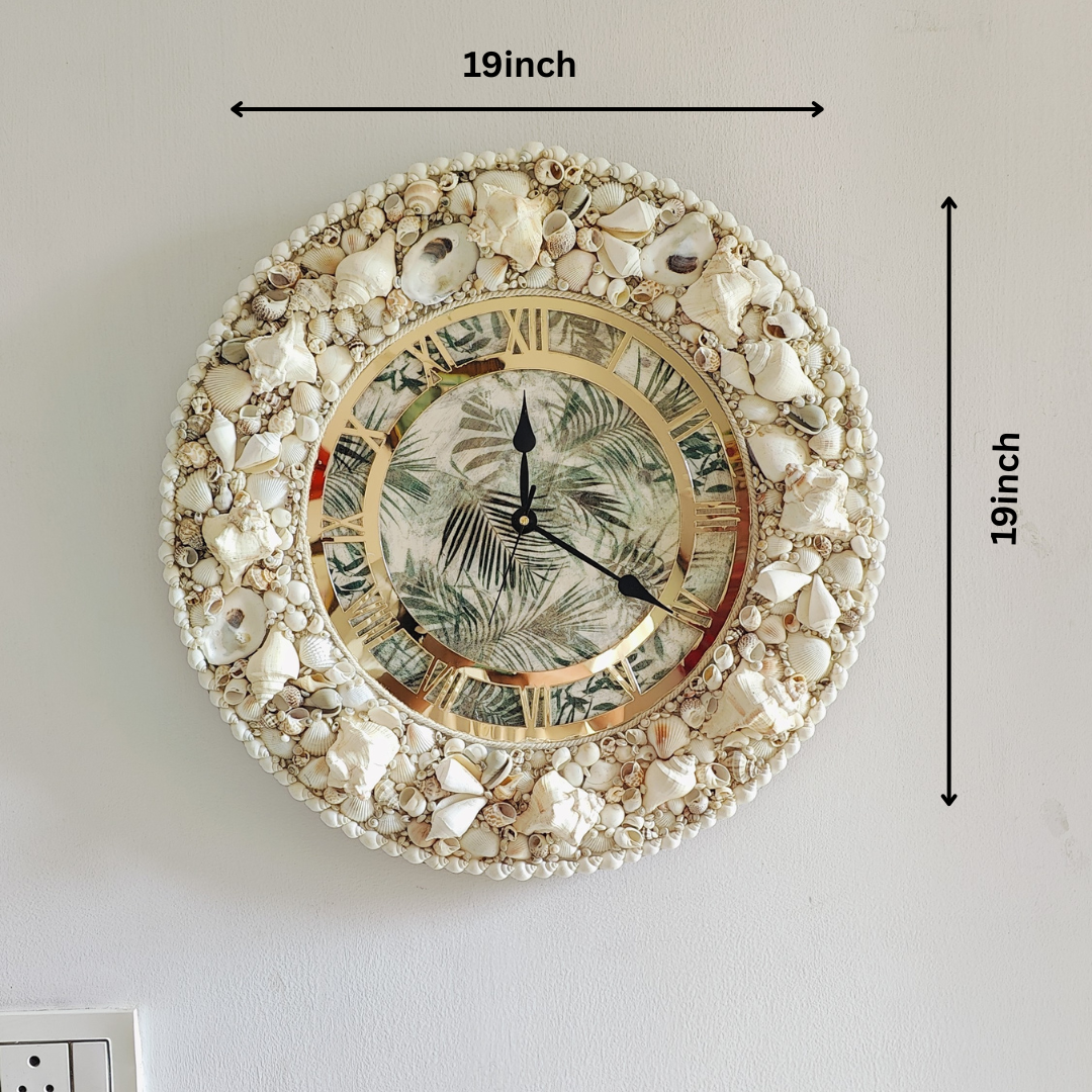 Coastal Elegance Seashell Wall Clock – Handcrafted Beach-Themed Décor 19inch - Shellkrafts