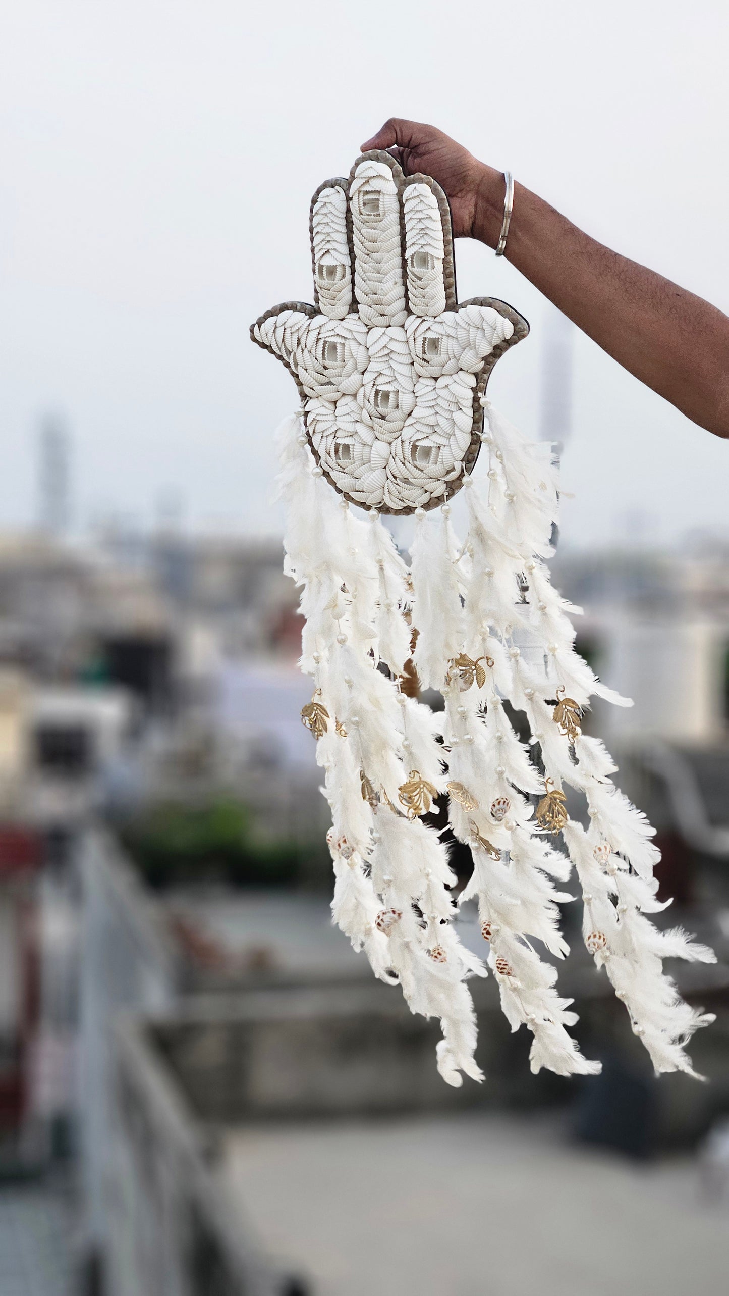 Hamsa Shell & Feather Dream Catcher – Symbol of Protection & Peace - Shellkrafts