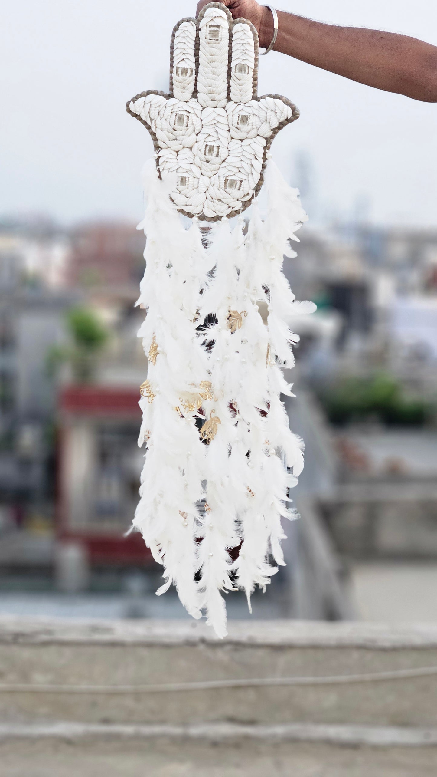 Hamsa Shell & Feather Dream Catcher – Symbol of Protection & Peace - Shellkrafts