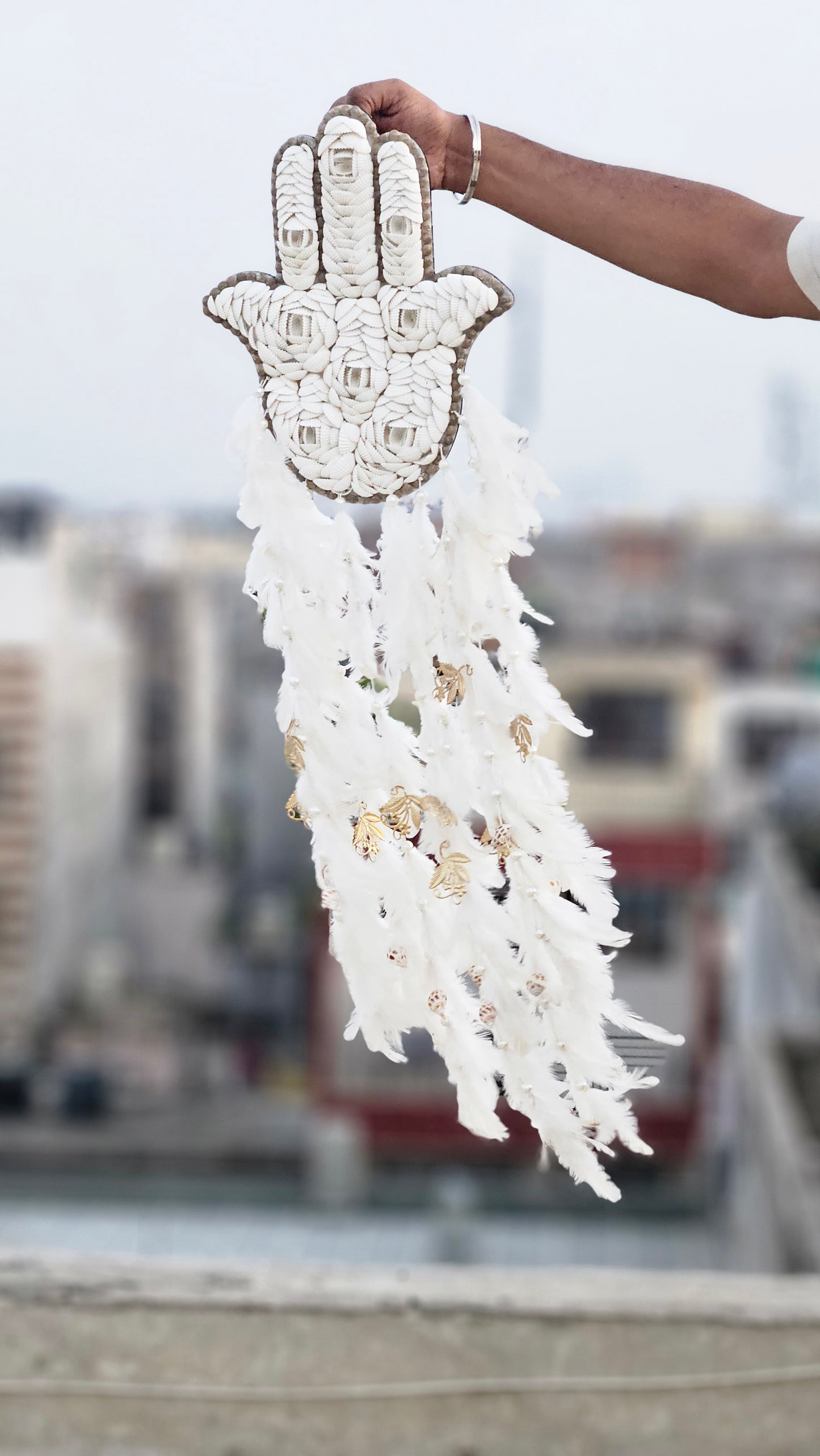 Hamsa Shell & Feather Dream Catcher – Symbol of Protection & Peace - Shellkrafts