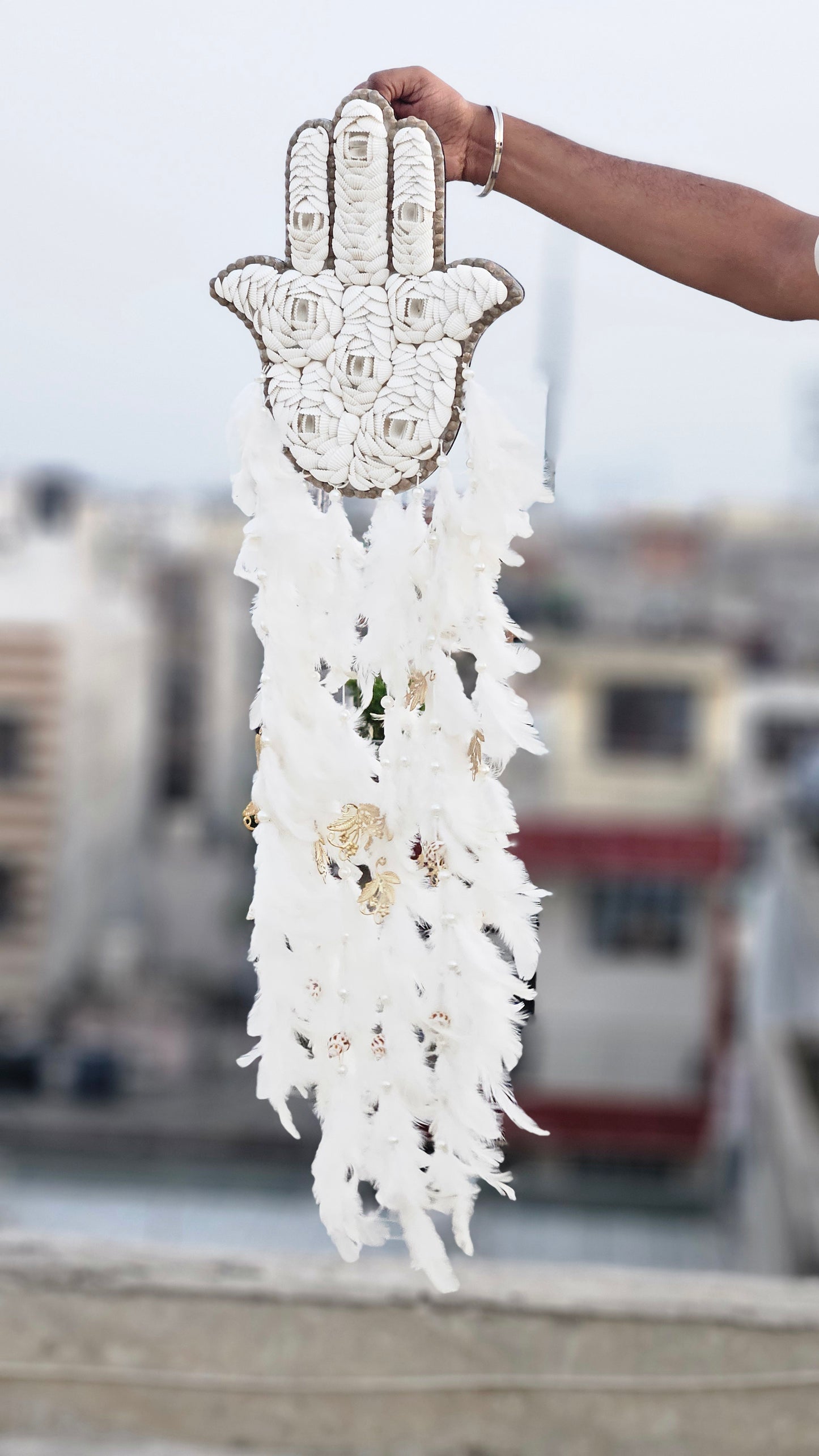 Hamsa Shell & Feather Dream Catcher – Symbol of Protection & Peace - Shellkrafts