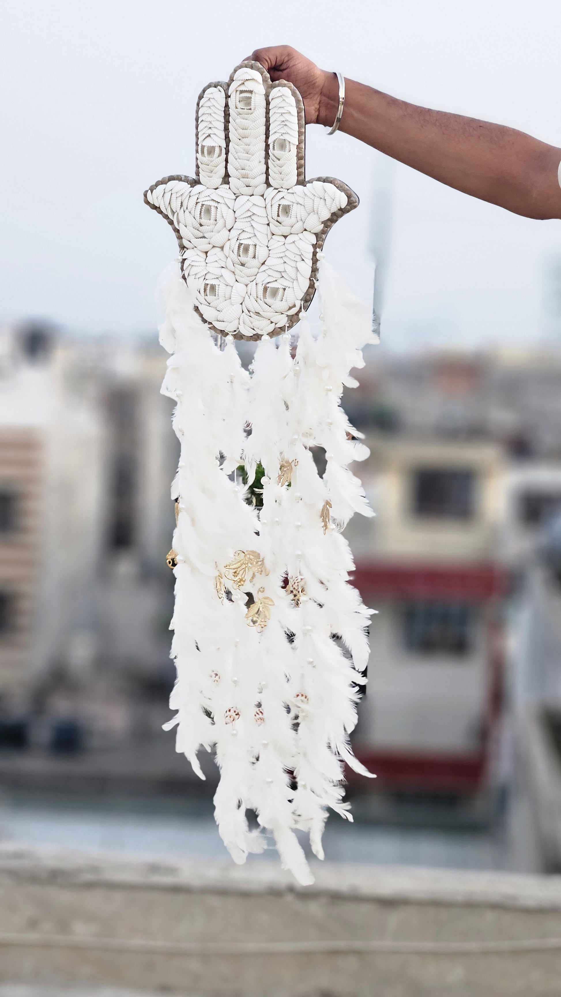 Hamsa Shell & Feather Dream Catcher – Symbol of Protection & Peace - Shellkrafts