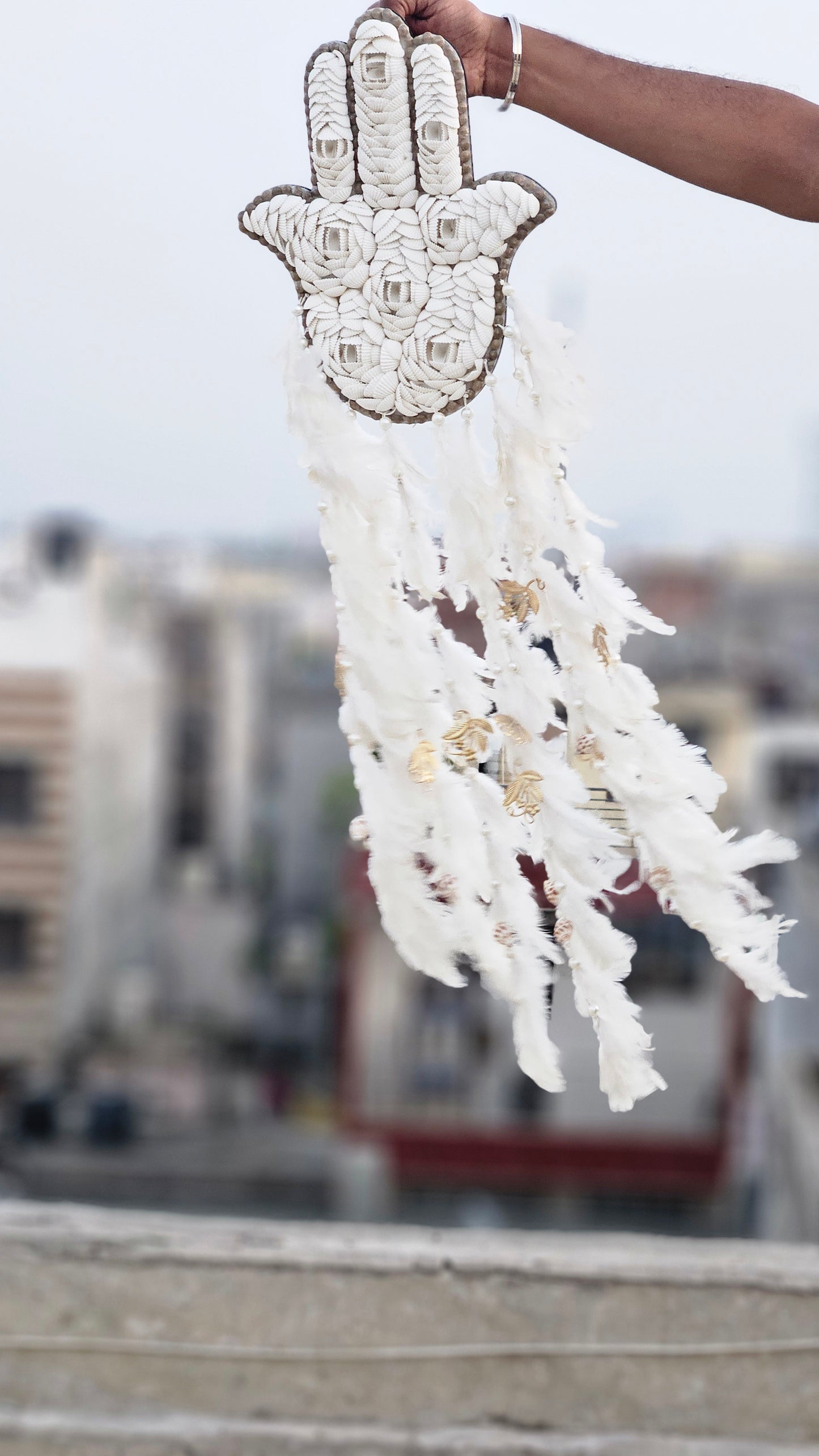 Hamsa Shell & Feather Dream Catcher – Symbol of Protection & Peace - Shellkrafts