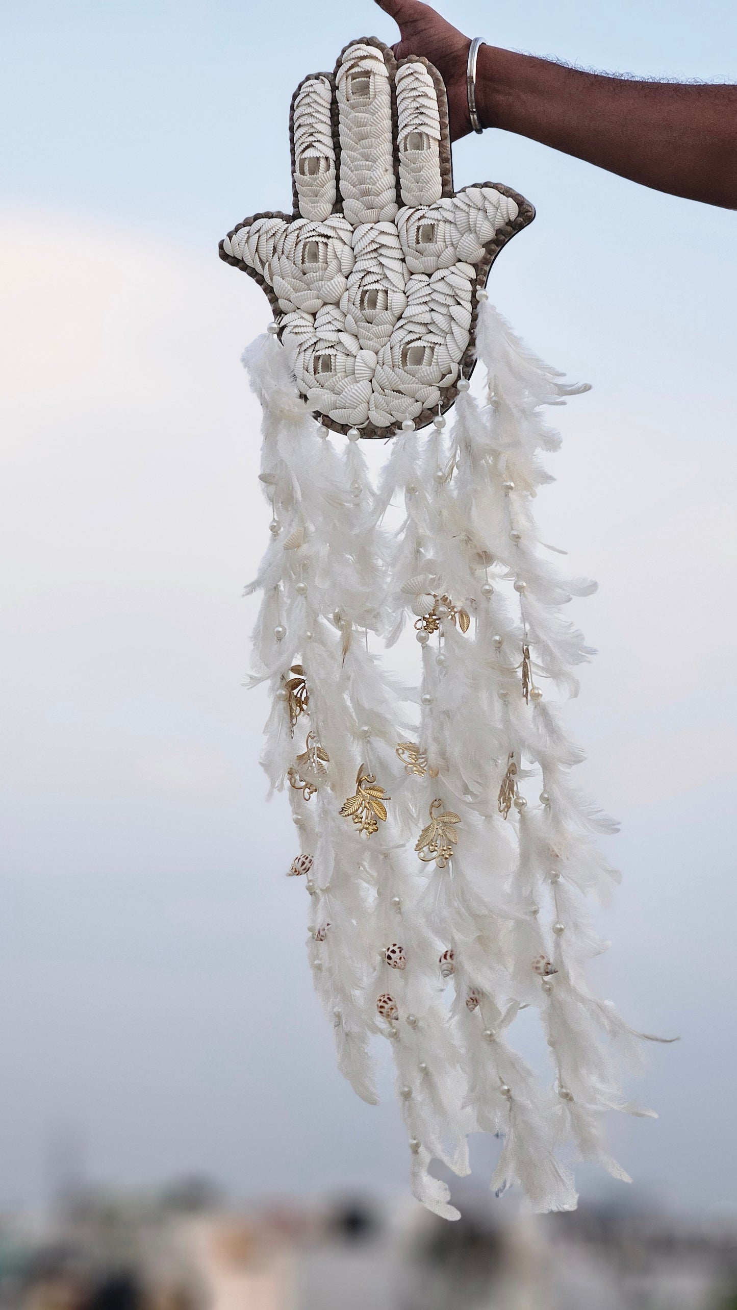Hamsa Shell & Feather Dream Catcher – Symbol of Protection & Peace - Shellkrafts