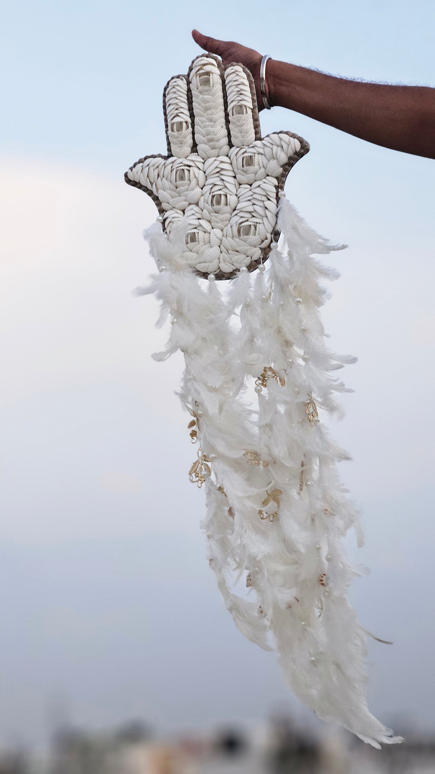Hamsa Shell & Feather Dream Catcher – Symbol of Protection & Peace - Shellkrafts