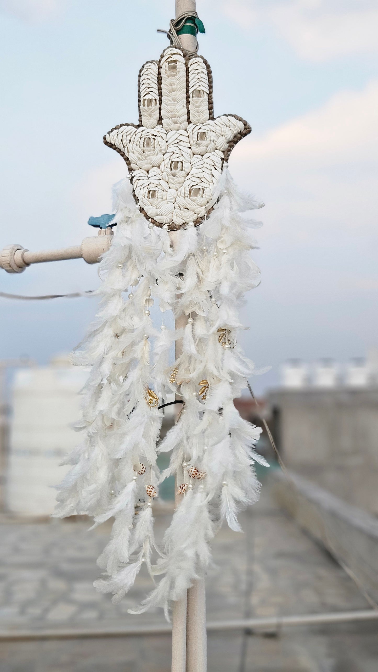 Hamsa Shell & Feather Dream Catcher – Symbol of Protection & Peace - Shellkrafts