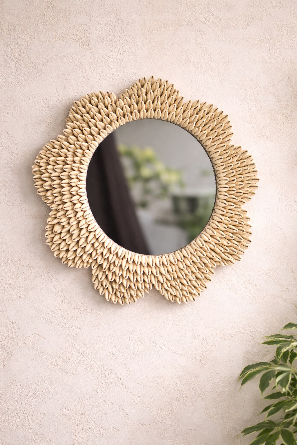 Sunflower Cowrie Shell Wall Mirror – Handcrafted Coastal Boho Décor 19inch - Shellkrafts