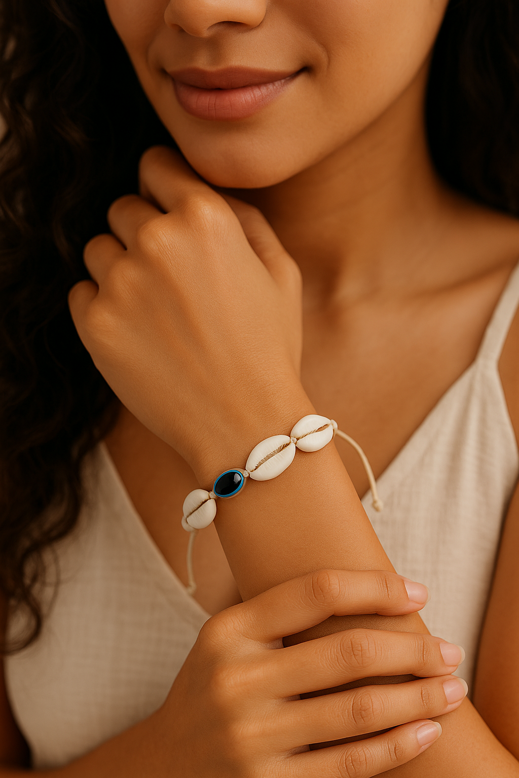 Handmade Evil Eye Cowry Shell Protection Bracelet – Boho Talisman with Natural Shell & Blue Eye Charm - Shellkrafts