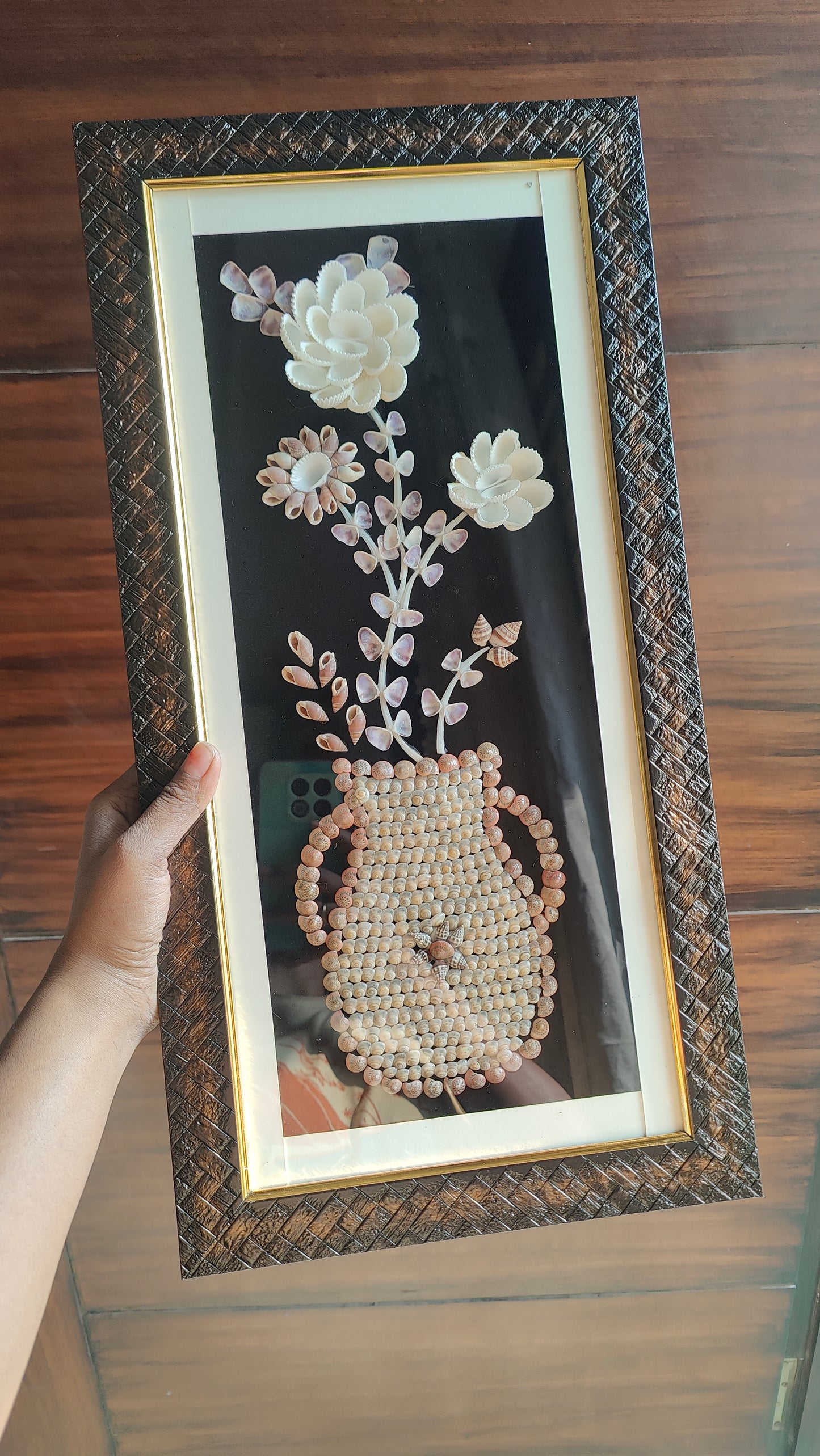 Handcrafted Seashell Flower Art in Decorative Frame