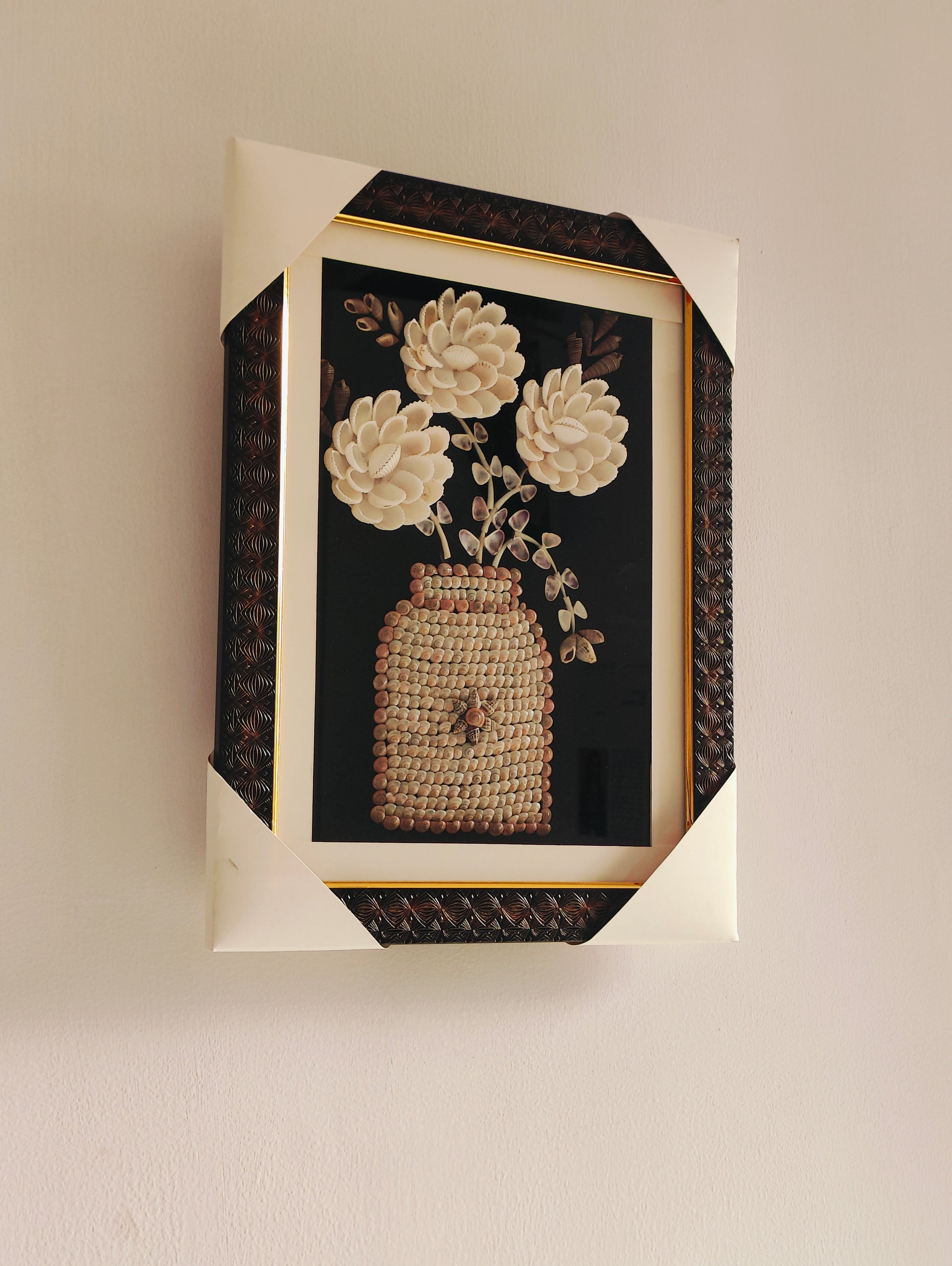 Elegant Handcrafted Seashell Flower Art with Ornate Frame - Shellkrafts