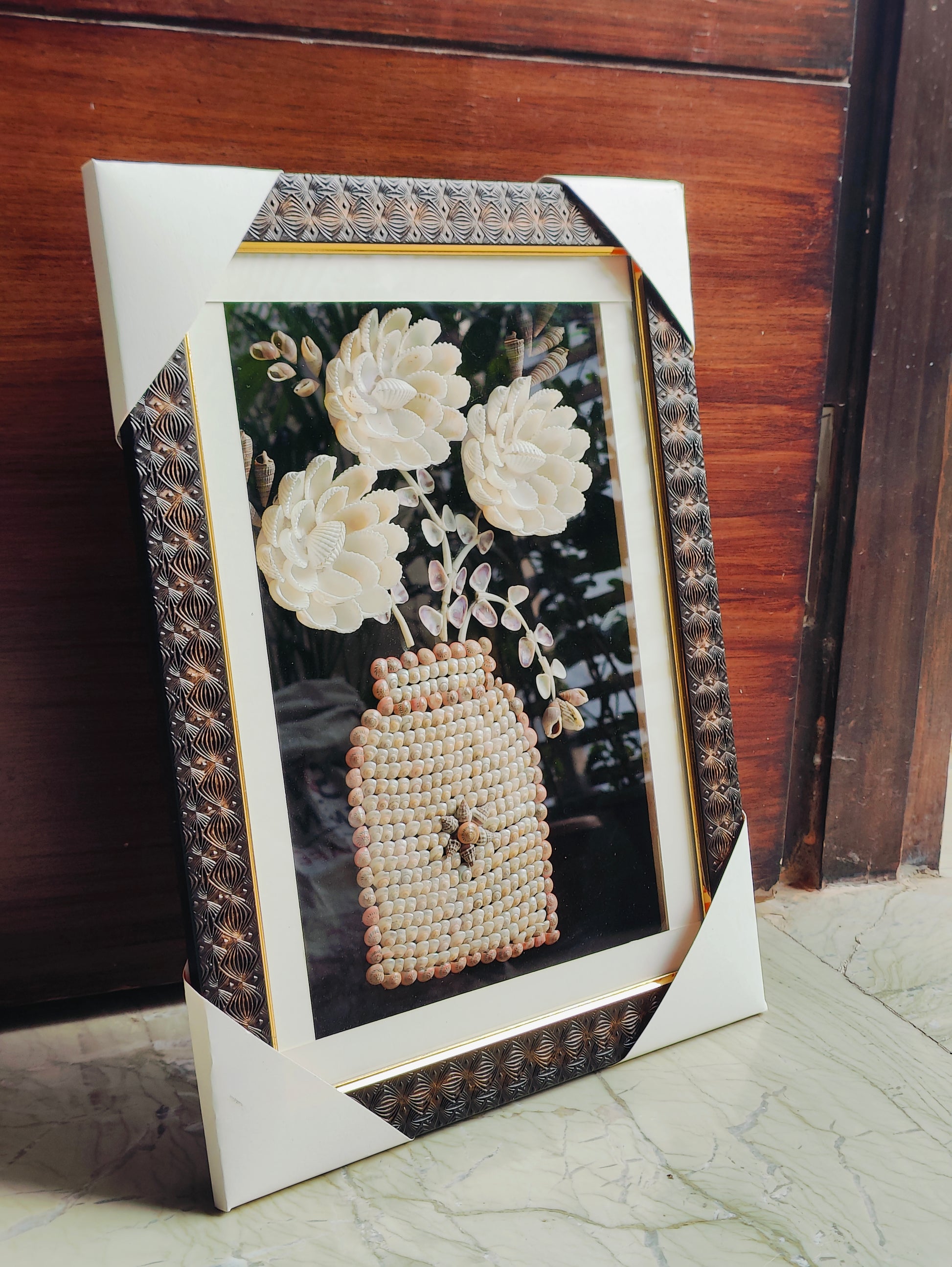 Elegant Handcrafted Seashell Flower Art with Ornate Frame - Shellkrafts