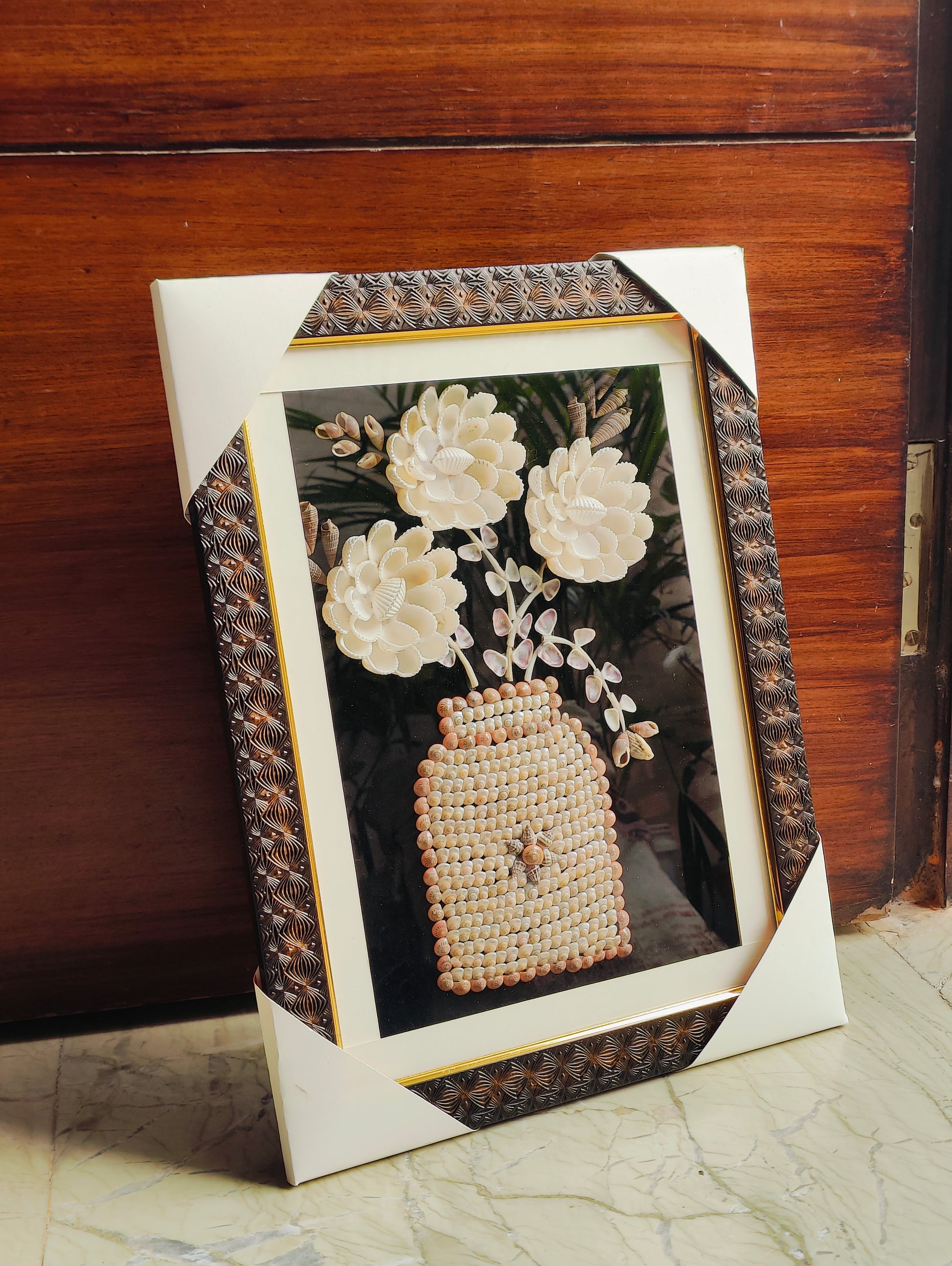 Elegant Handcrafted Seashell Flower Art with Ornate Frame - Shellkrafts