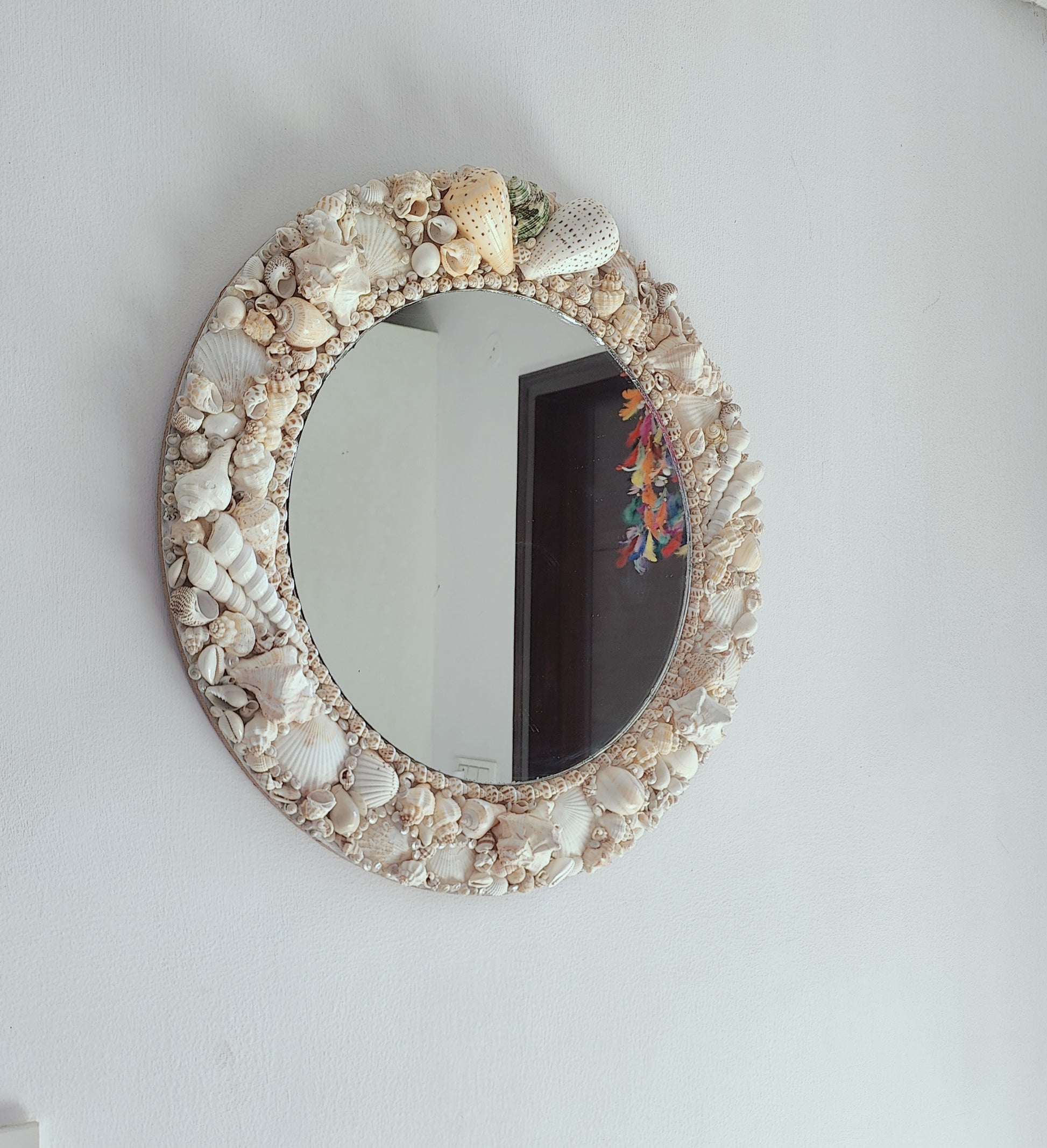 Handcrafted Seashell Round Mirror – Coastal Nautical Wall Décor 16inch - Shellkrafts