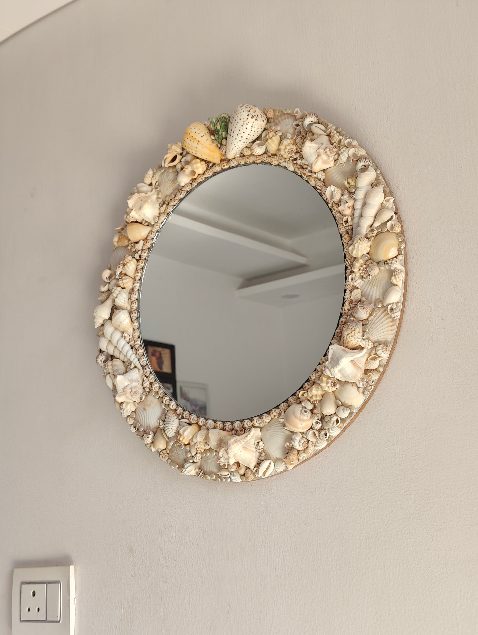 Handcrafted Seashell Round Mirror – Coastal Nautical Wall Décor 16inch - Shellkrafts