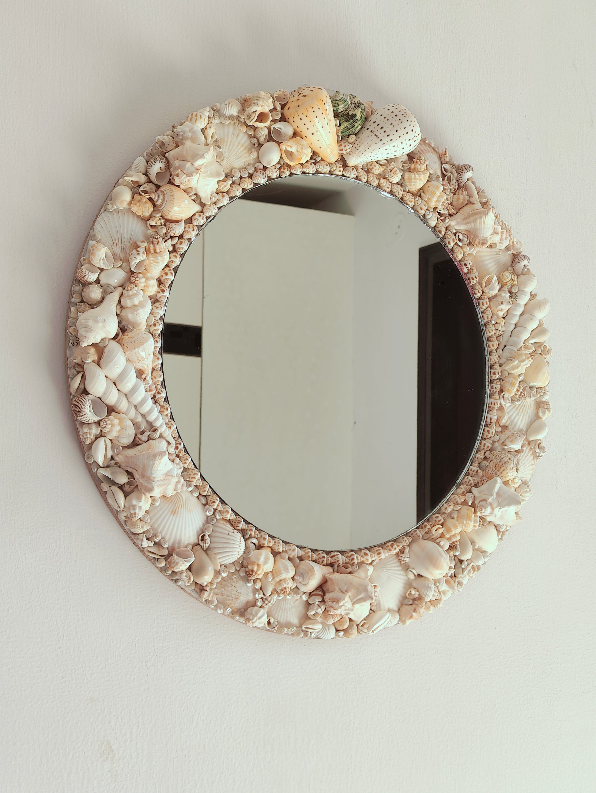 Handcrafted Seashell Round Mirror – Coastal Nautical Wall Décor 16inch - Shellkrafts