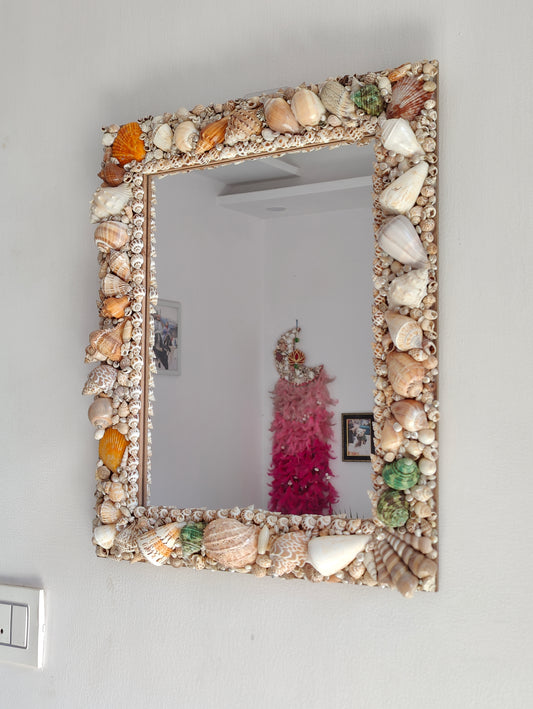Handcrafted Square Seashell Mirror – Coastal Beach-Inspired Wall Décor 15x19Inch - Shellkrafts