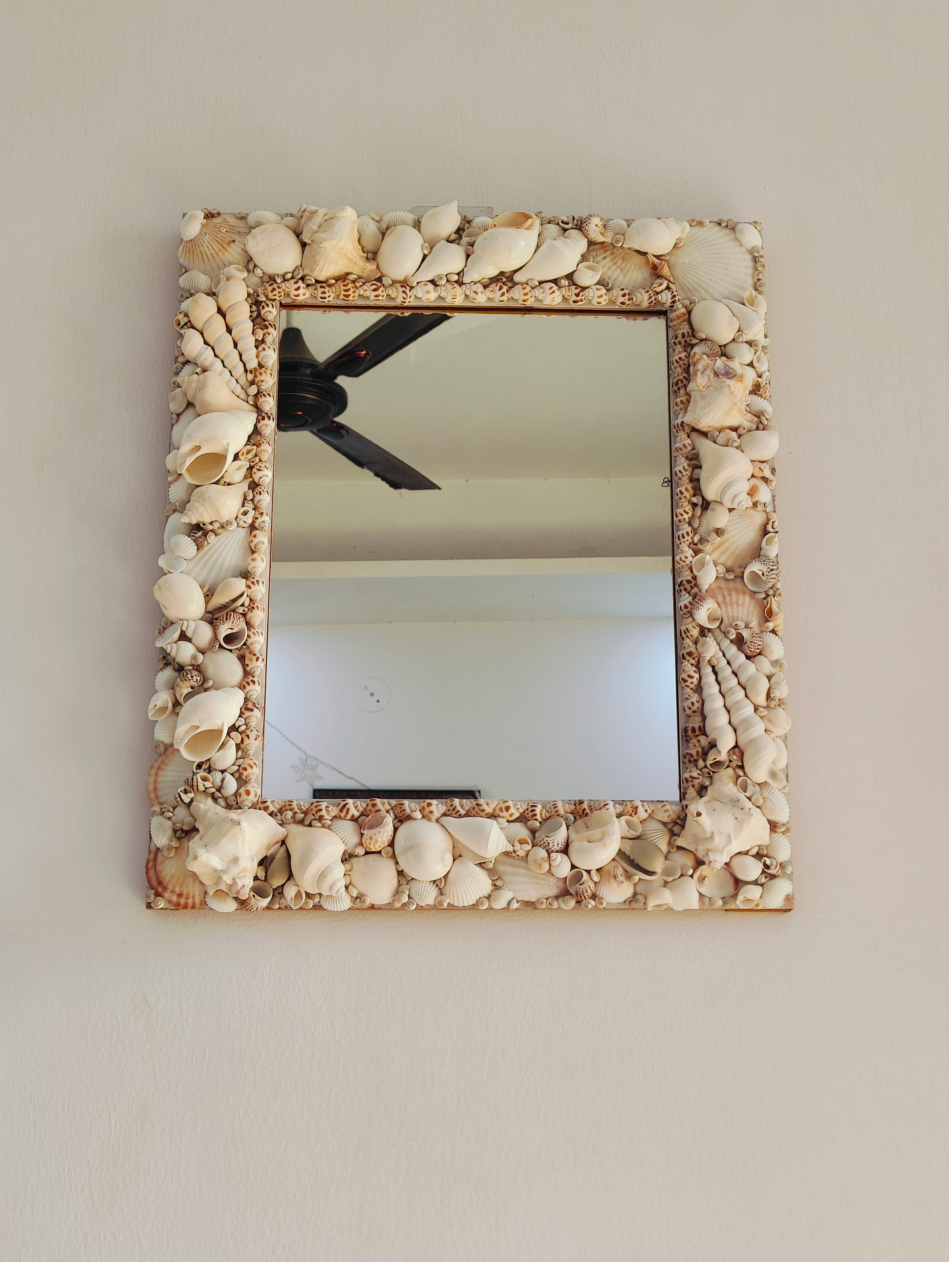 Handcrafted Square Seashell Mirror – Elegant White Coastal Wall Décor 15x19inch - Shellkrafts
