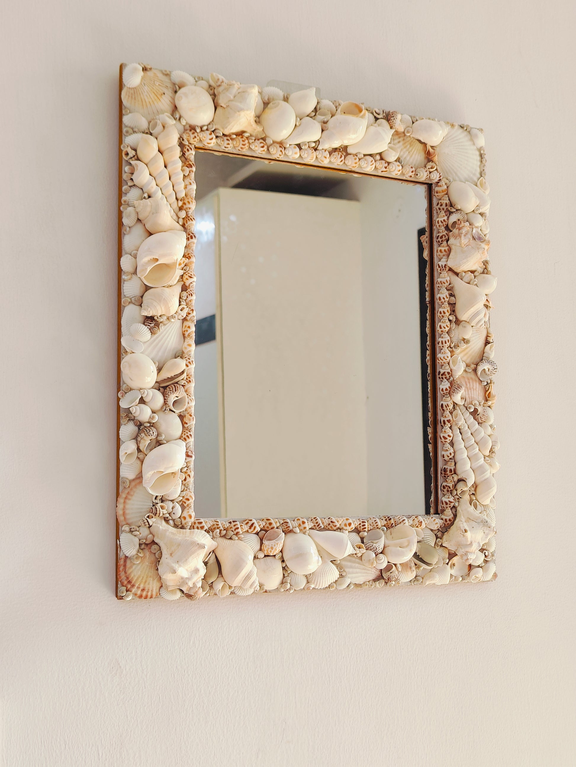 Handcrafted Square Seashell Mirror – Elegant White Coastal Wall Décor 15x19inch - Shellkrafts