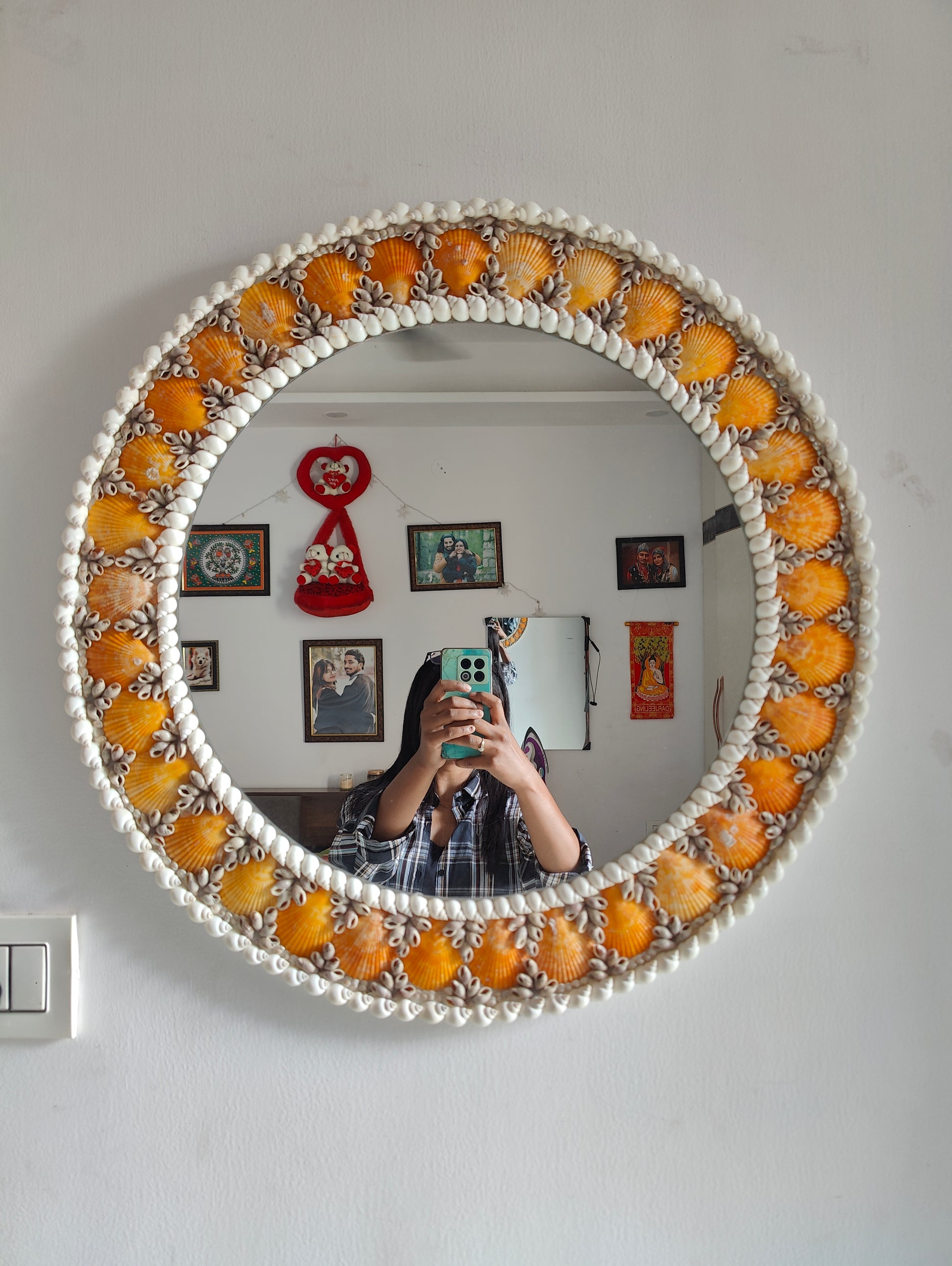 Sunset Tide: Handcrafted Mirror with Vibrant Orange Seashells 24inch - Shellkrafts