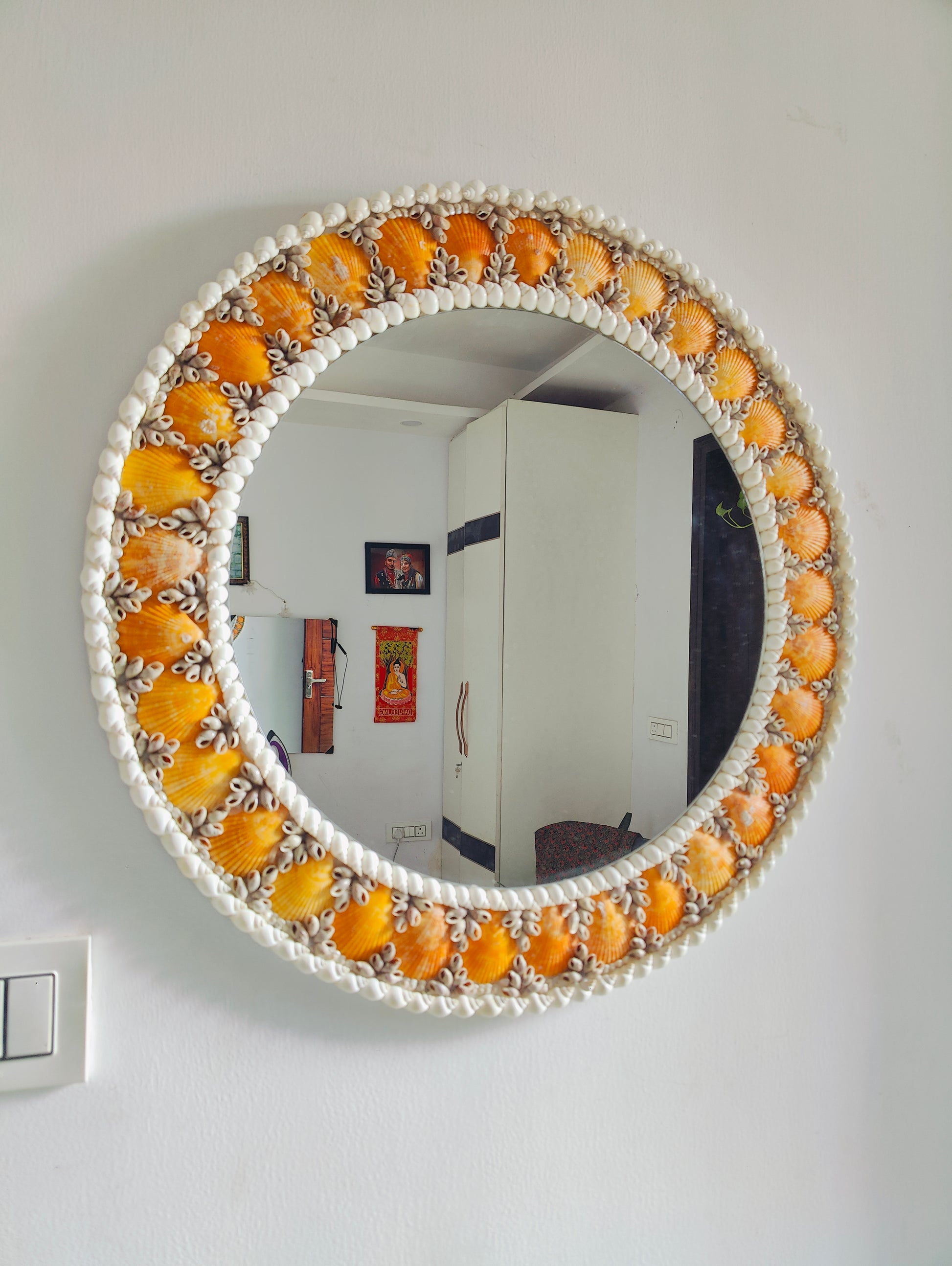 Sunset Tide: Handcrafted Mirror with Vibrant Orange Seashells 24inch - Shellkrafts