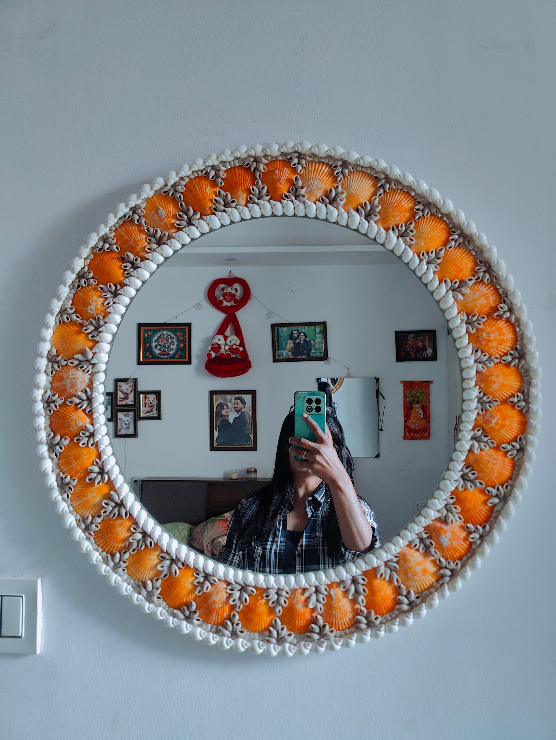 Sunset Tide: Handcrafted Mirror with Vibrant Orange Seashells 24inch - Shellkrafts
