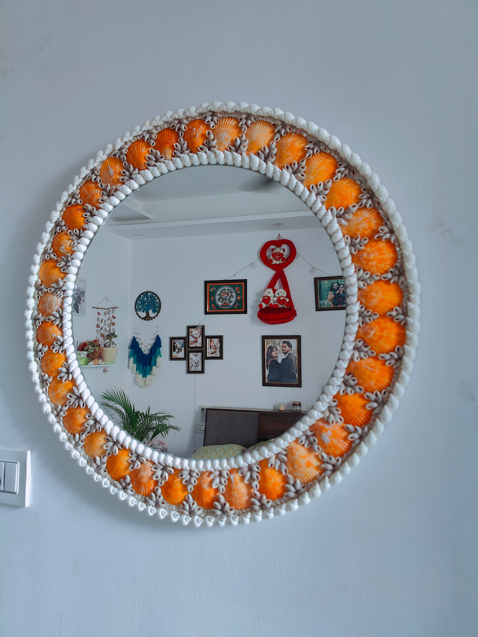 Sunset Tide: Handcrafted Mirror with Vibrant Orange Seashells 24inch - Shellkrafts