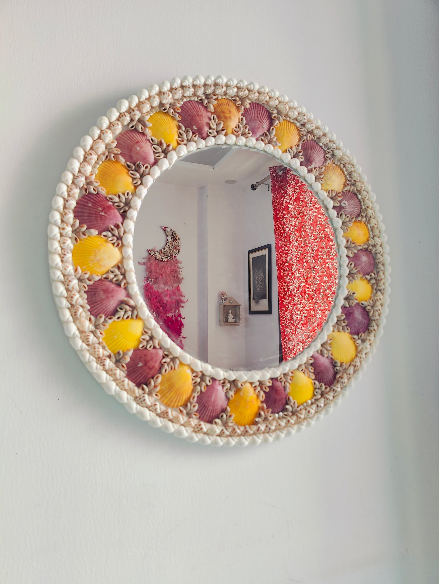 Handcrafted Seashell Wall Mirror – Round Coastal Decor with Yellow & Purple Shells - Shellkrafts