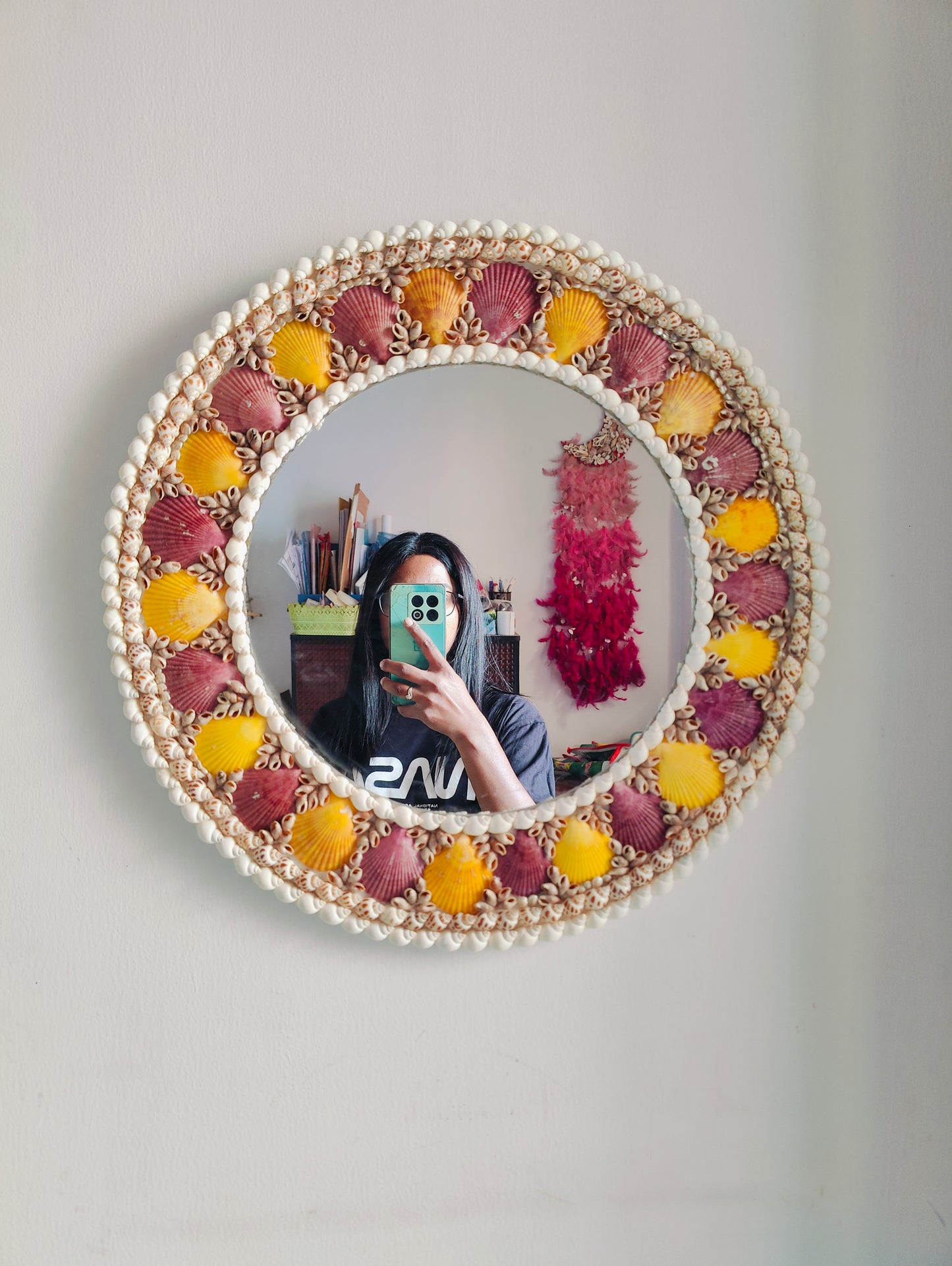 Handcrafted Seashell Wall Mirror – Round Coastal Decor with Yellow & Purple Shells - Shellkrafts