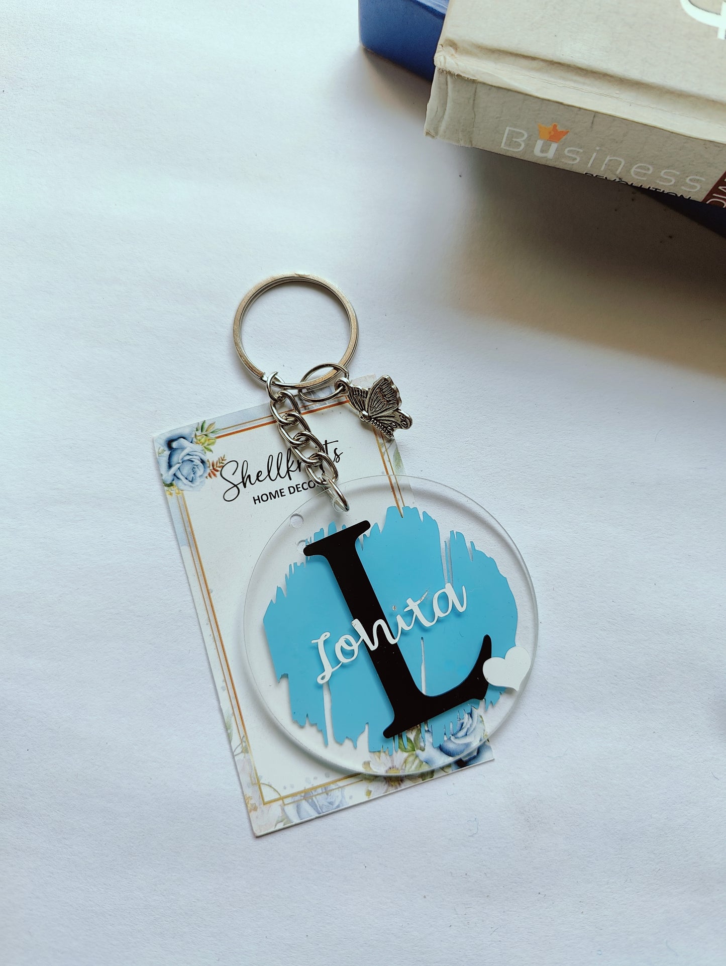 Personalized Acrylic Name Keychain – Sky Blue Monogram Charm - Shellkrafts