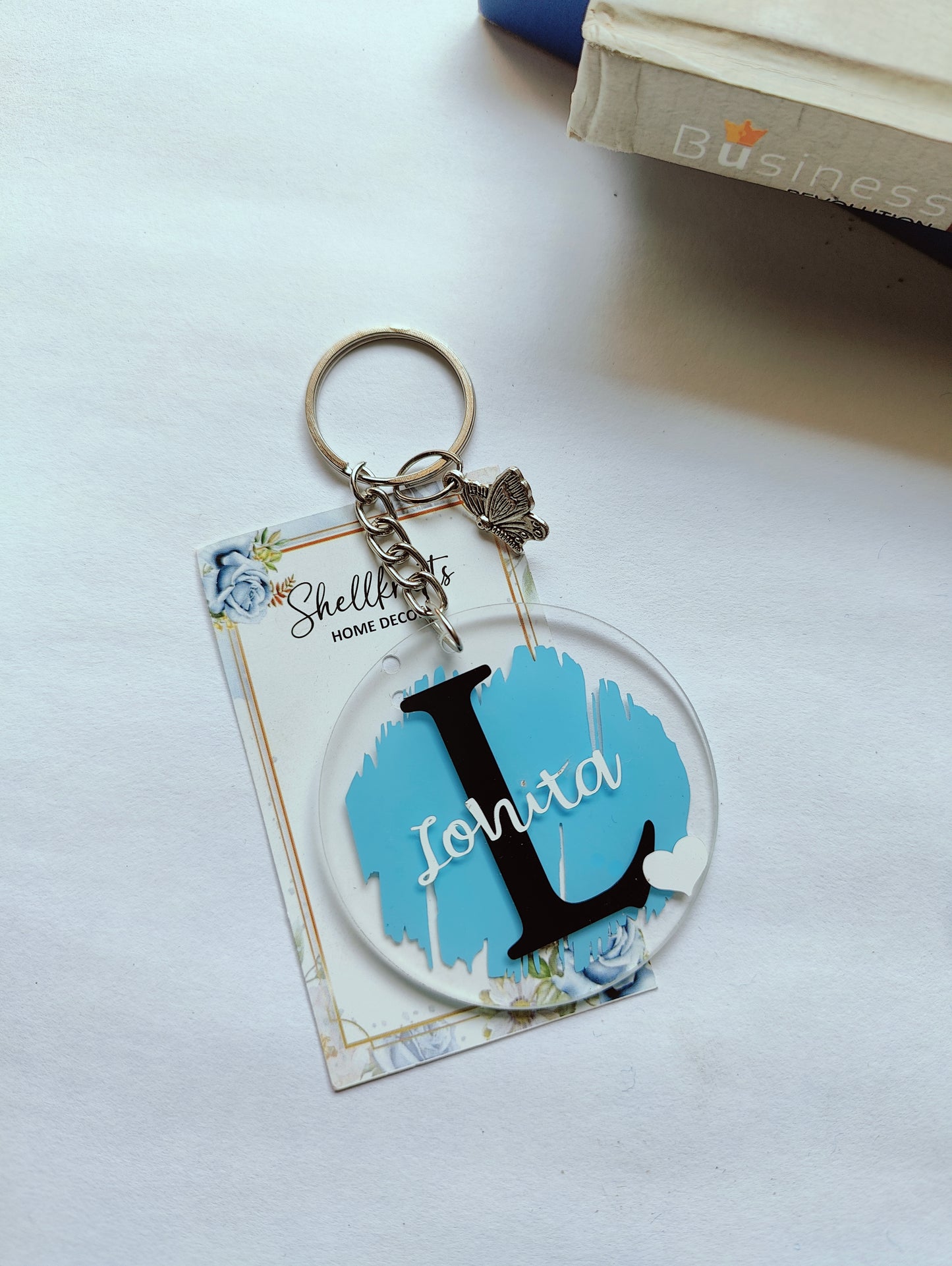 Personalized Acrylic Name Keychain – Sky Blue Monogram Charm - Shellkrafts