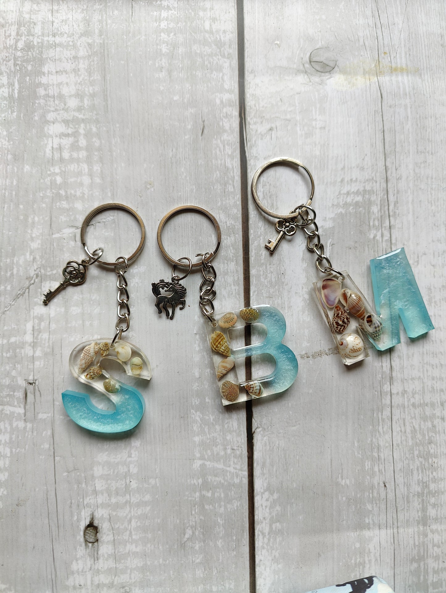 Resin Ocean Alphabet Keychain with Real Shells & Vintage Key Charm - Shellkrafts