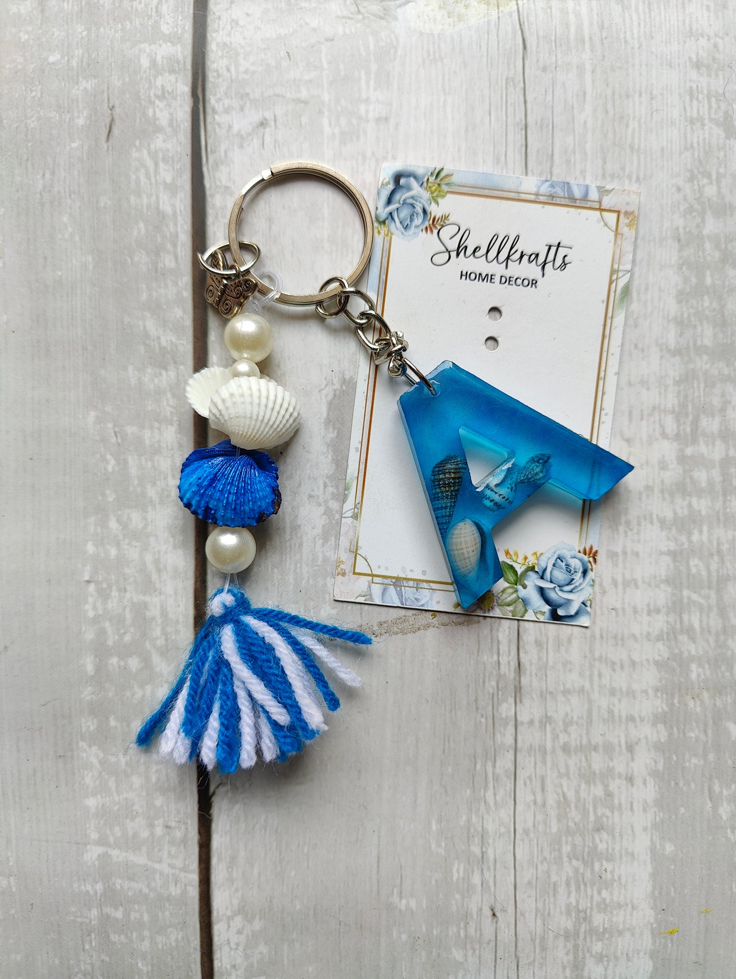 Ocean-Themed Resin Alphabet Keychain with Shell Beads & Tassel - Shellkrafts