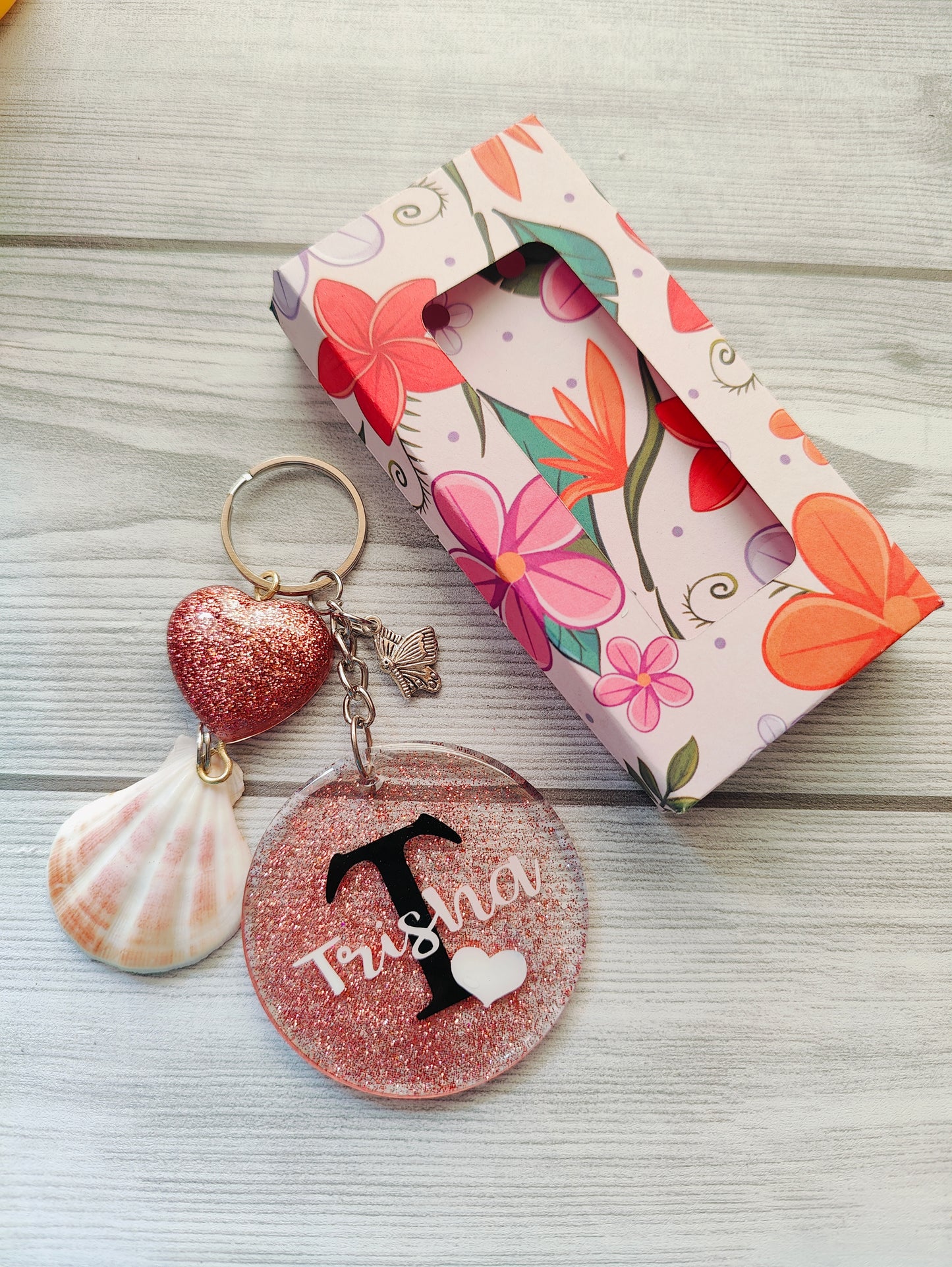 Personalized Glitter Keychain with Name, Shell Charm & Gift Box – Custom Name Keyring for Women & Girls - Shellkrafts