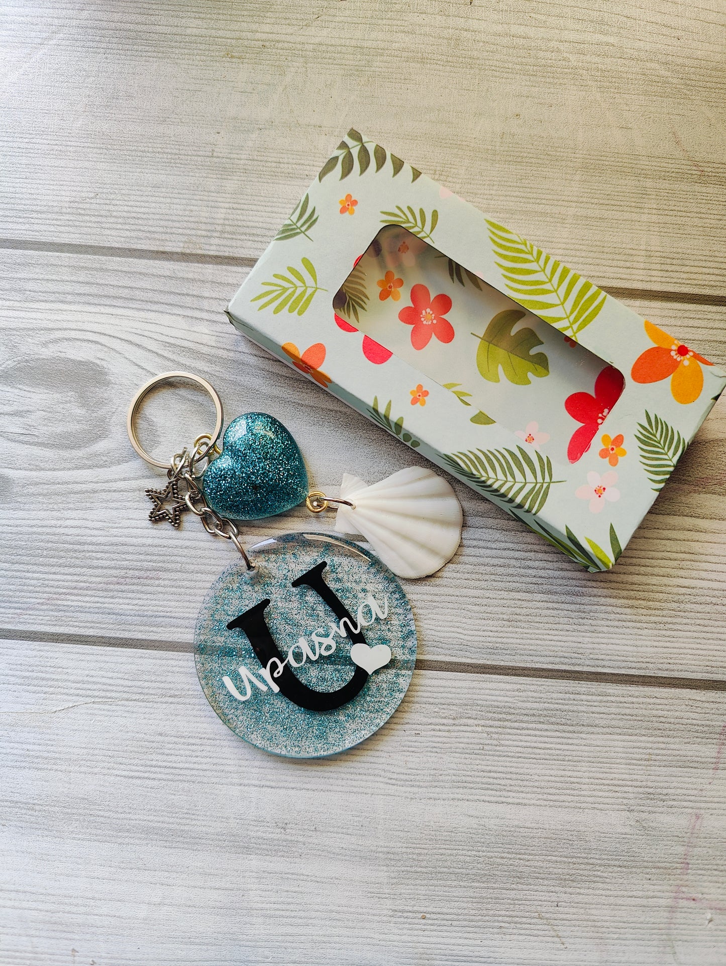 Personalized Name Keychain – Custom Glitter Charm with Shell & Heart Accents - Shellkrafts