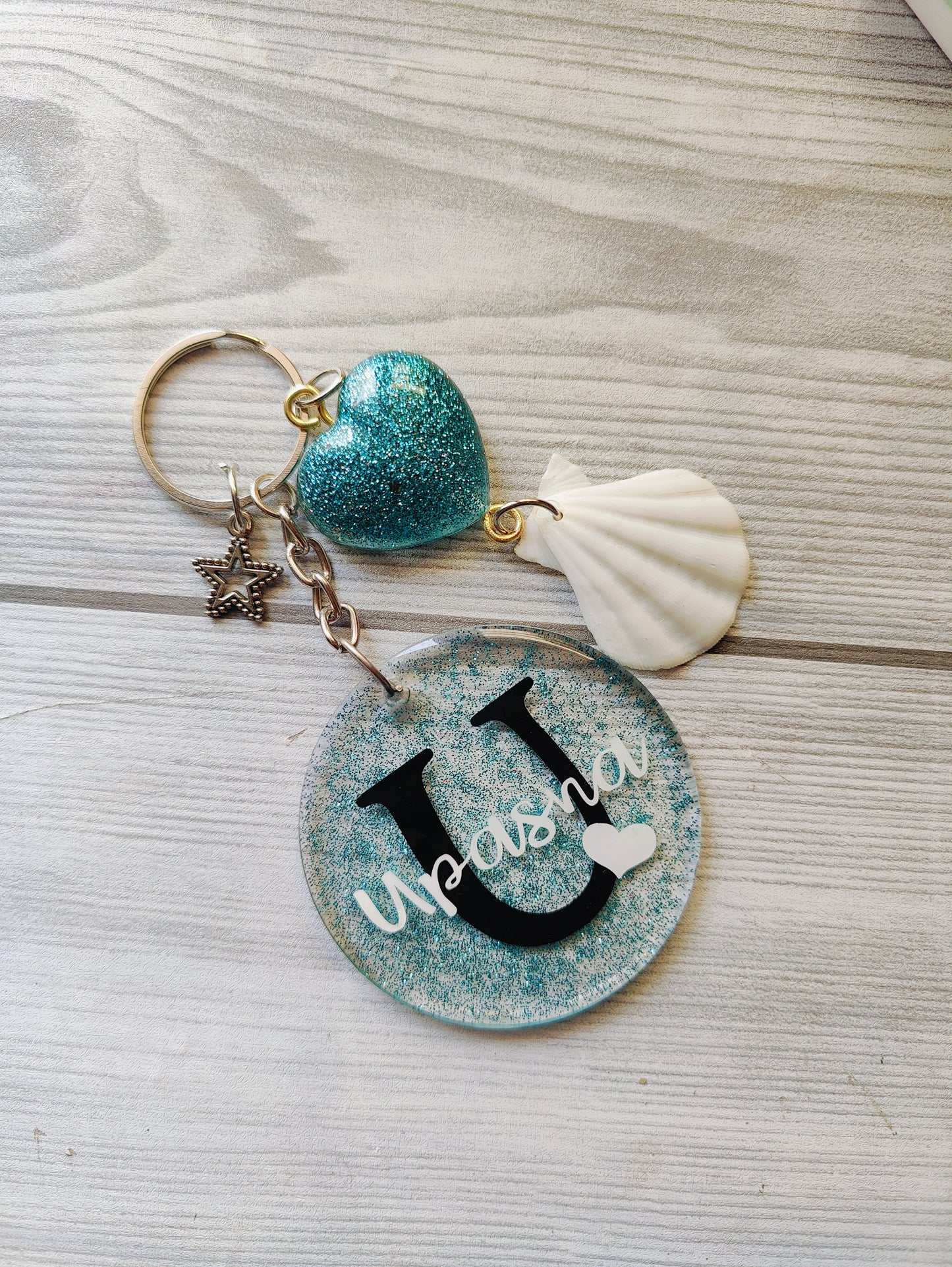 Personalized Name Keychain – Custom Glitter Charm with Shell & Heart Accents - Shellkrafts