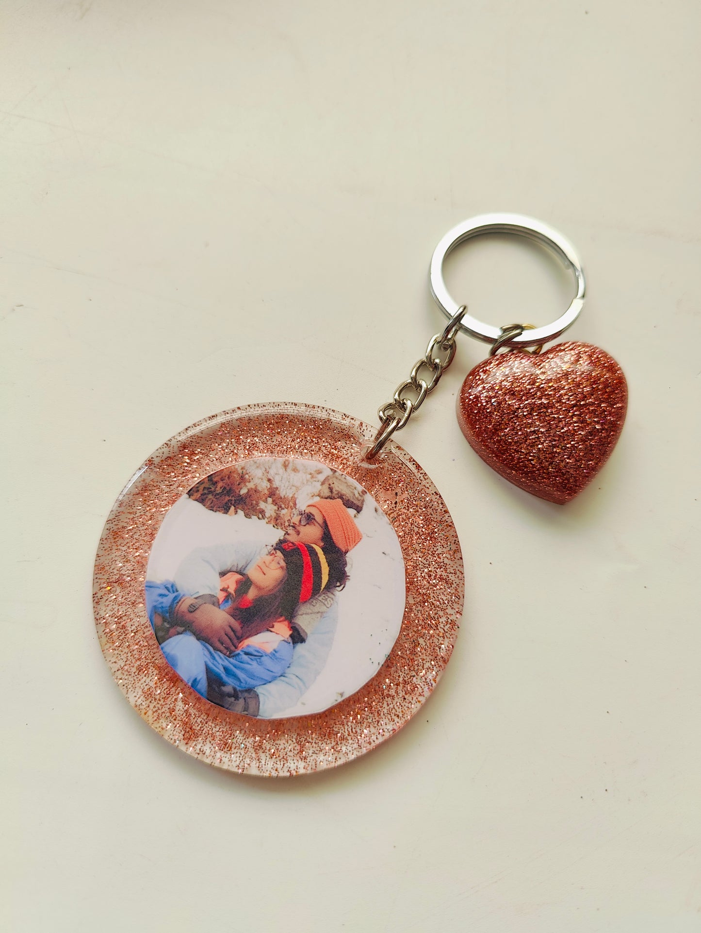 Personalized Photo Keychain with Glitter Heart Charm – Custom Gift - Shellkrafts