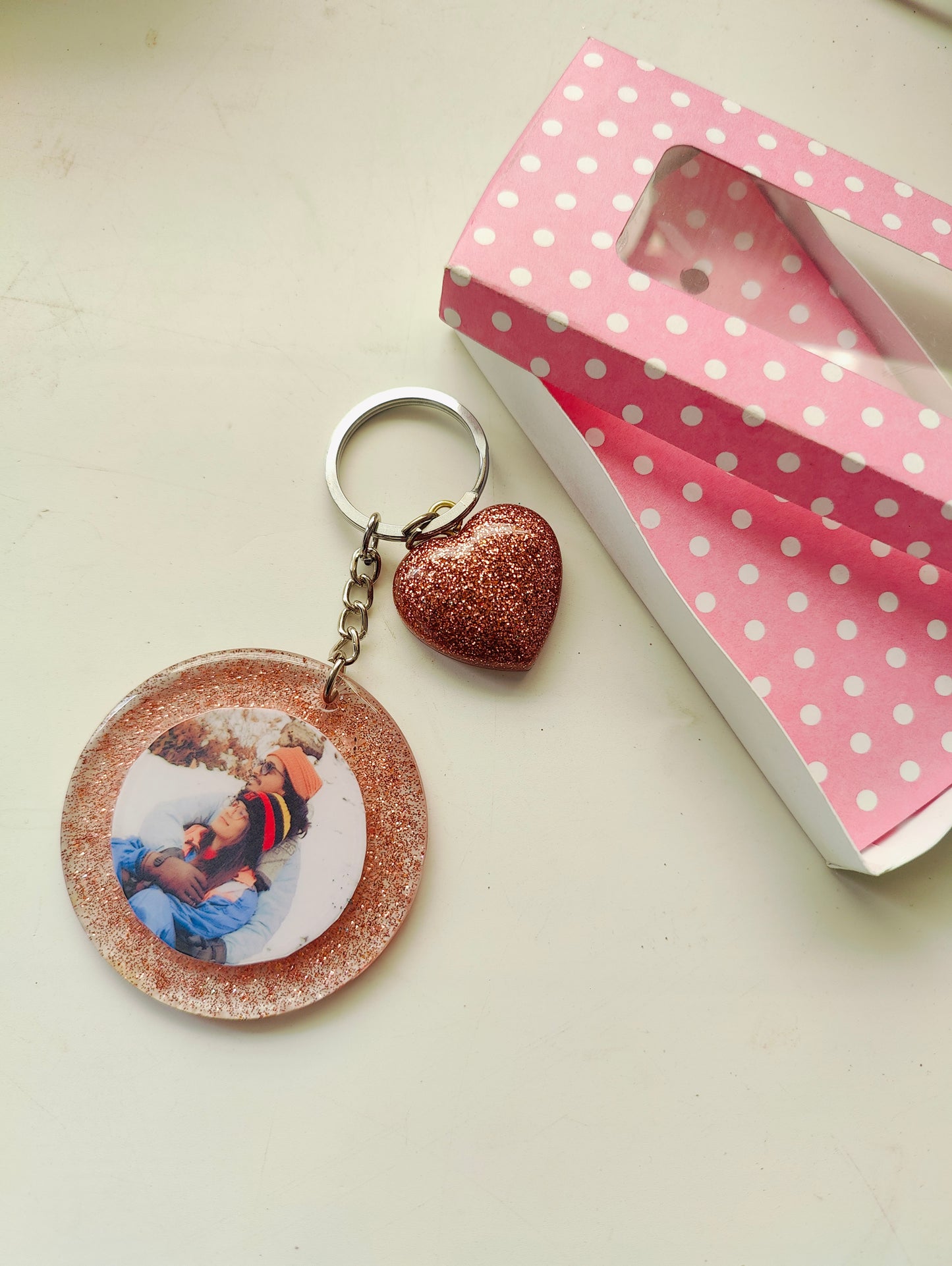 Personalized Photo Keychain with Glitter Heart Charm – Custom Gift - Shellkrafts