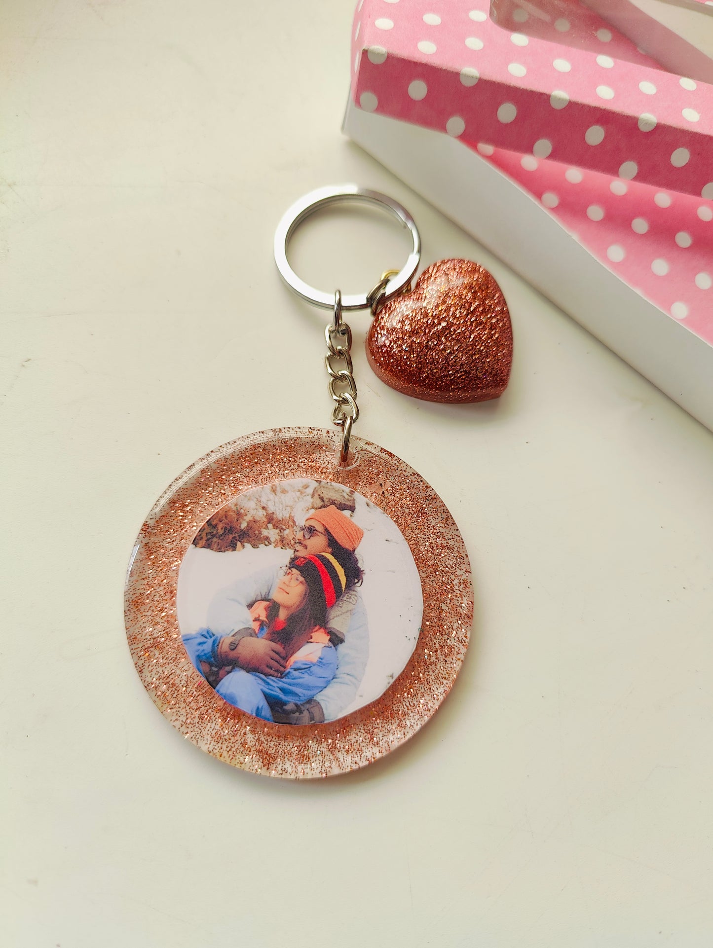 Personalized Photo Keychain with Glitter Heart Charm – Custom Gift - Shellkrafts