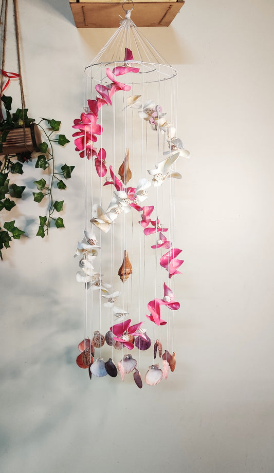Tropical Sea Shell and Floral Wind Chime – Coastal Boho Hanging Decor - Shellkrafts