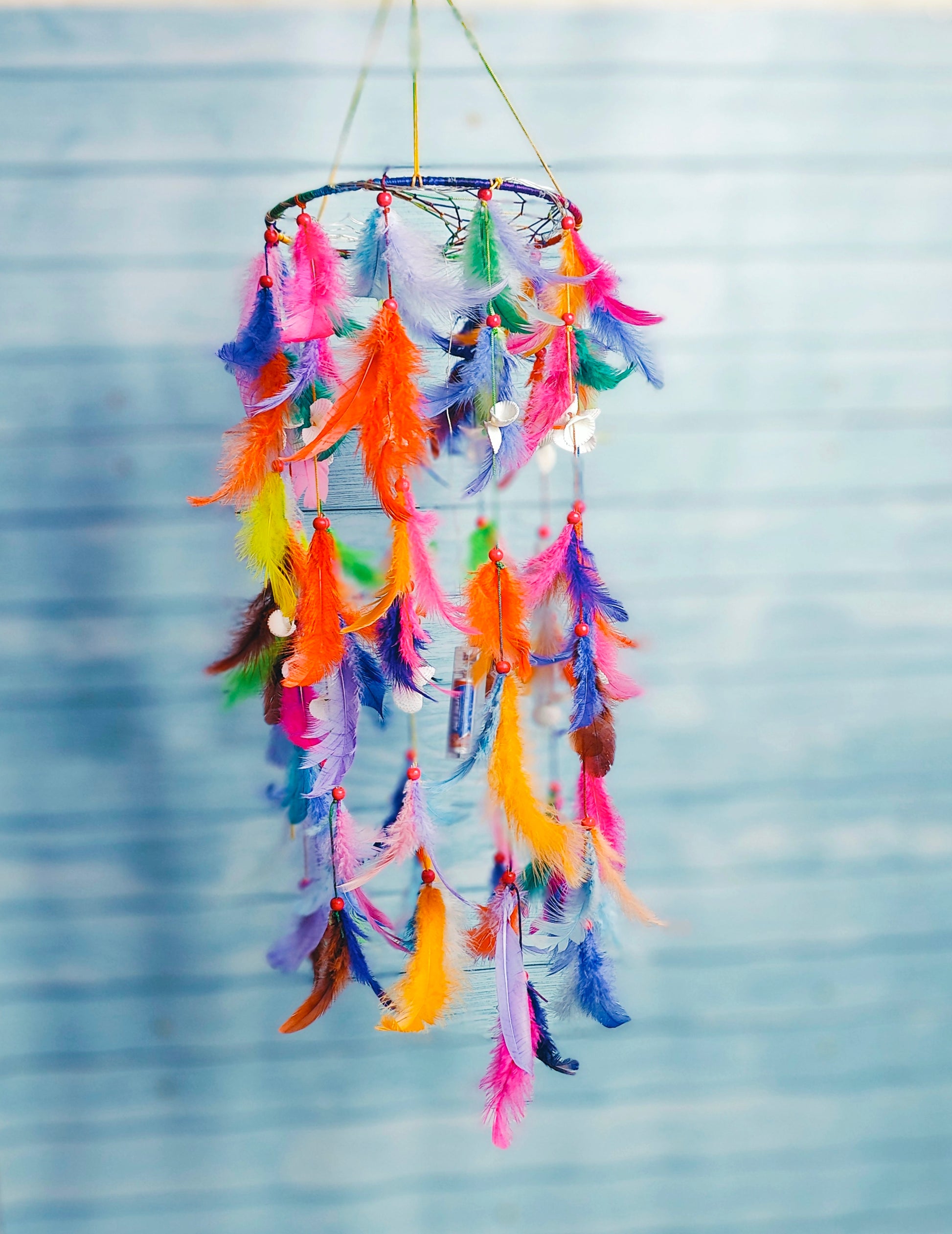 Handcrafted Boho Feather Chandelier – Colorful Hanging Décor with Soft Lighting 25inch - Shellkrafts