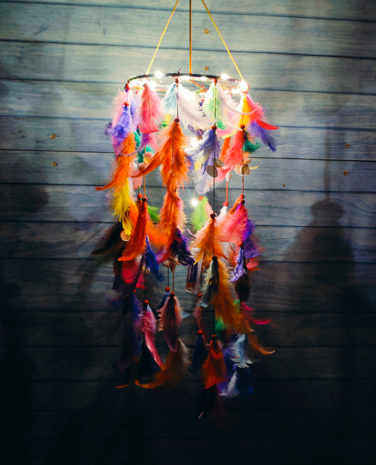 Handcrafted Boho Feather Chandelier – Colorful Hanging Décor with Soft Lighting 25inch - Shellkrafts