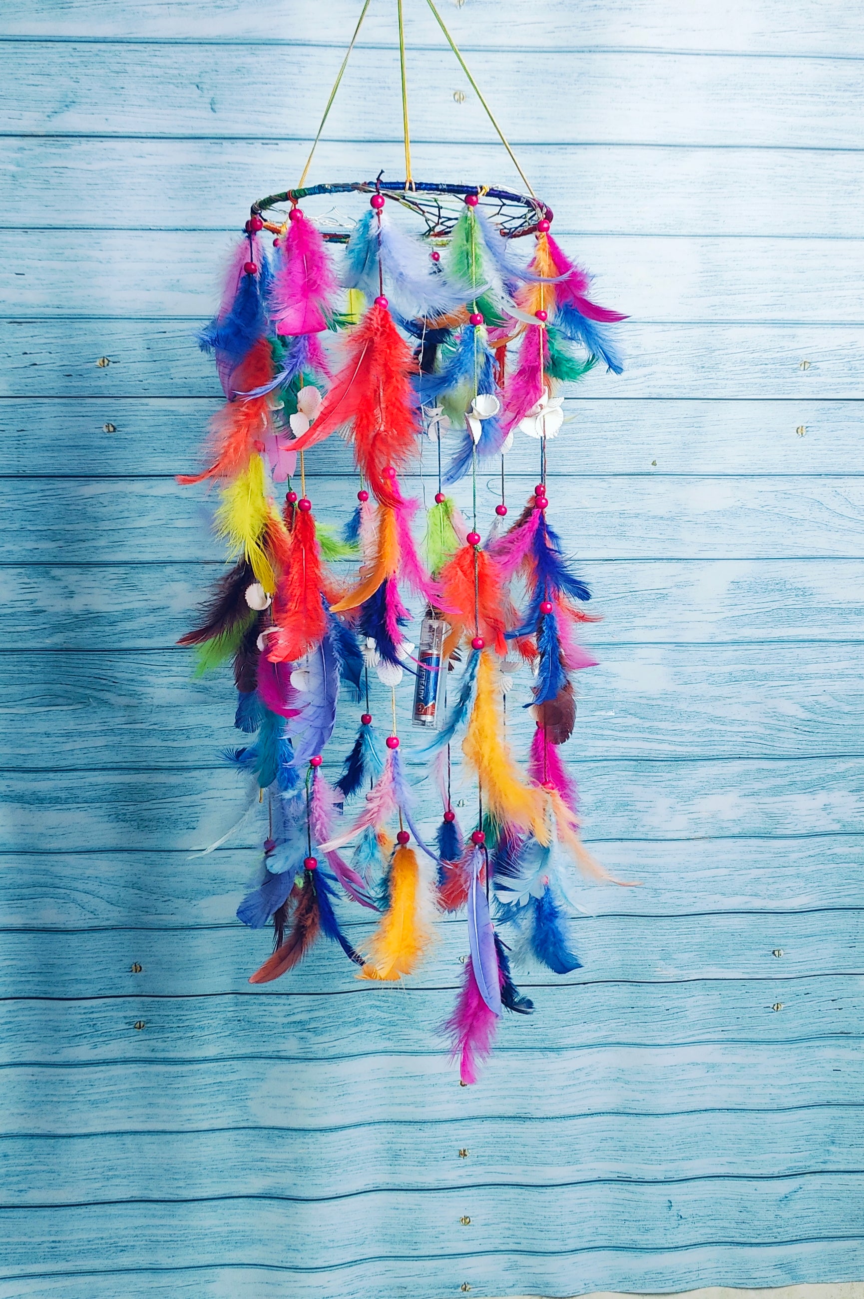 Handcrafted Boho Feather Chandelier – Colorful Hanging Décor with Soft Lighting 25inch - Shellkrafts