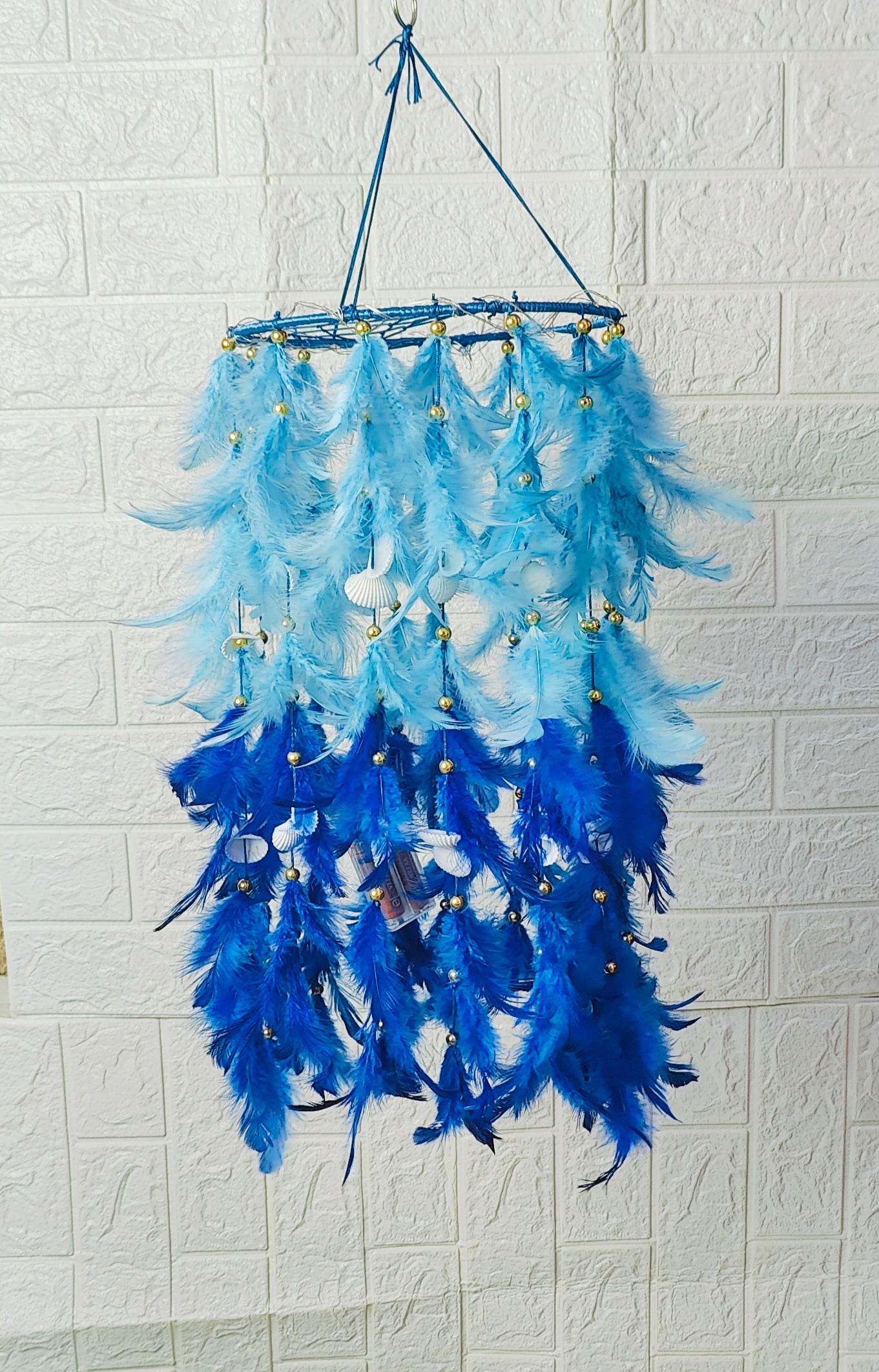 Handcrafted Boho Feather Chandelier – Blue Hanging Décor with Soft Lighting - Shellkrafts