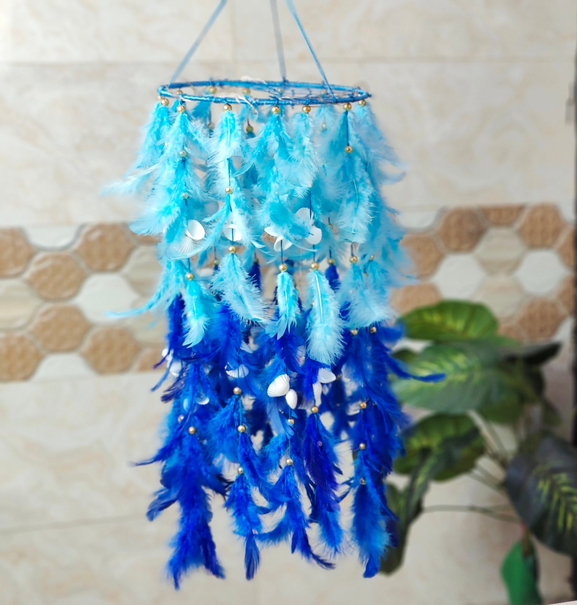 Handcrafted Boho Feather Chandelier – Blue Hanging Décor with Soft Lighting - Shellkrafts