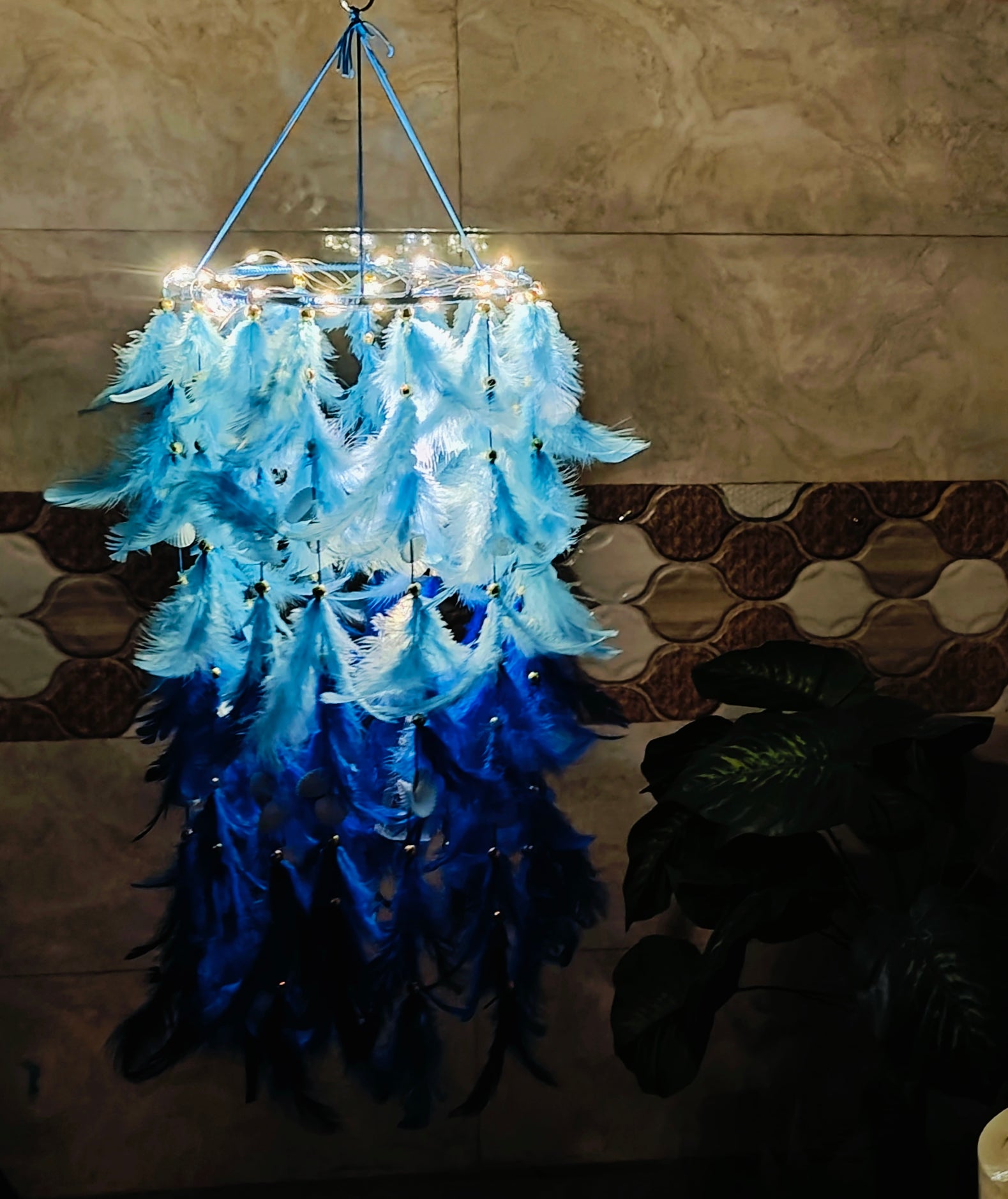 Handcrafted Boho Feather Chandelier – Blue Hanging Décor with Soft Lighting - Shellkrafts