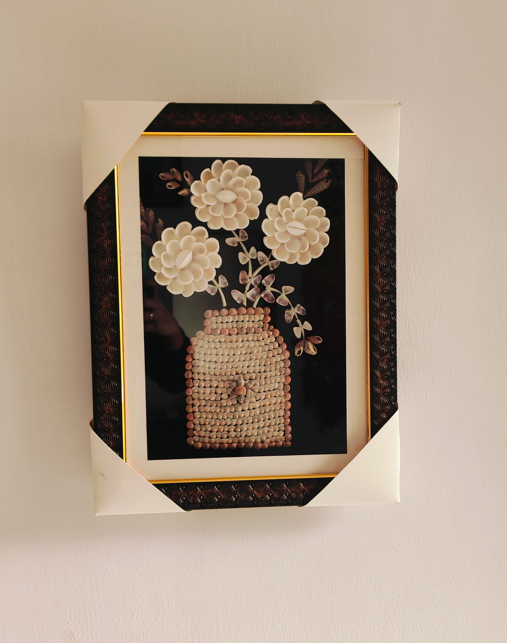 Elegant Handcrafted Seashell Flower Art with Ornate Frame - Shellkrafts