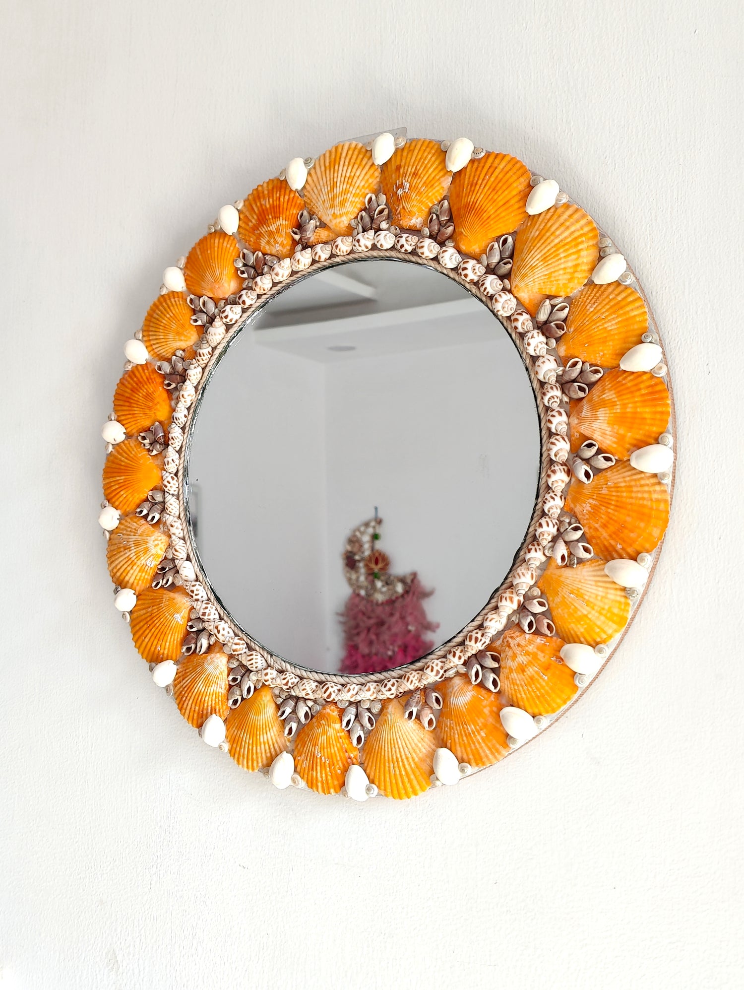 Handcrafted Round Seashell Mirror – Vibrant Orange Coastal Wall Décor 15inch - Shellkrafts