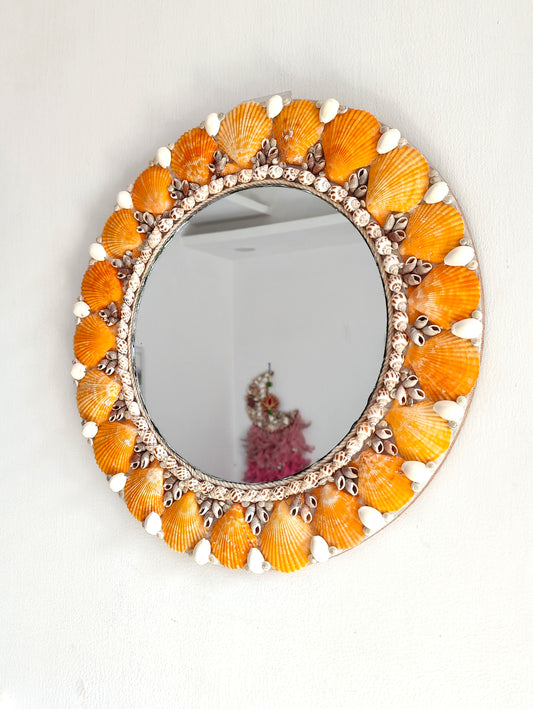 Handcrafted Round Seashell Mirror – Vibrant Orange Coastal Wall Décor 15inch - Shellkrafts