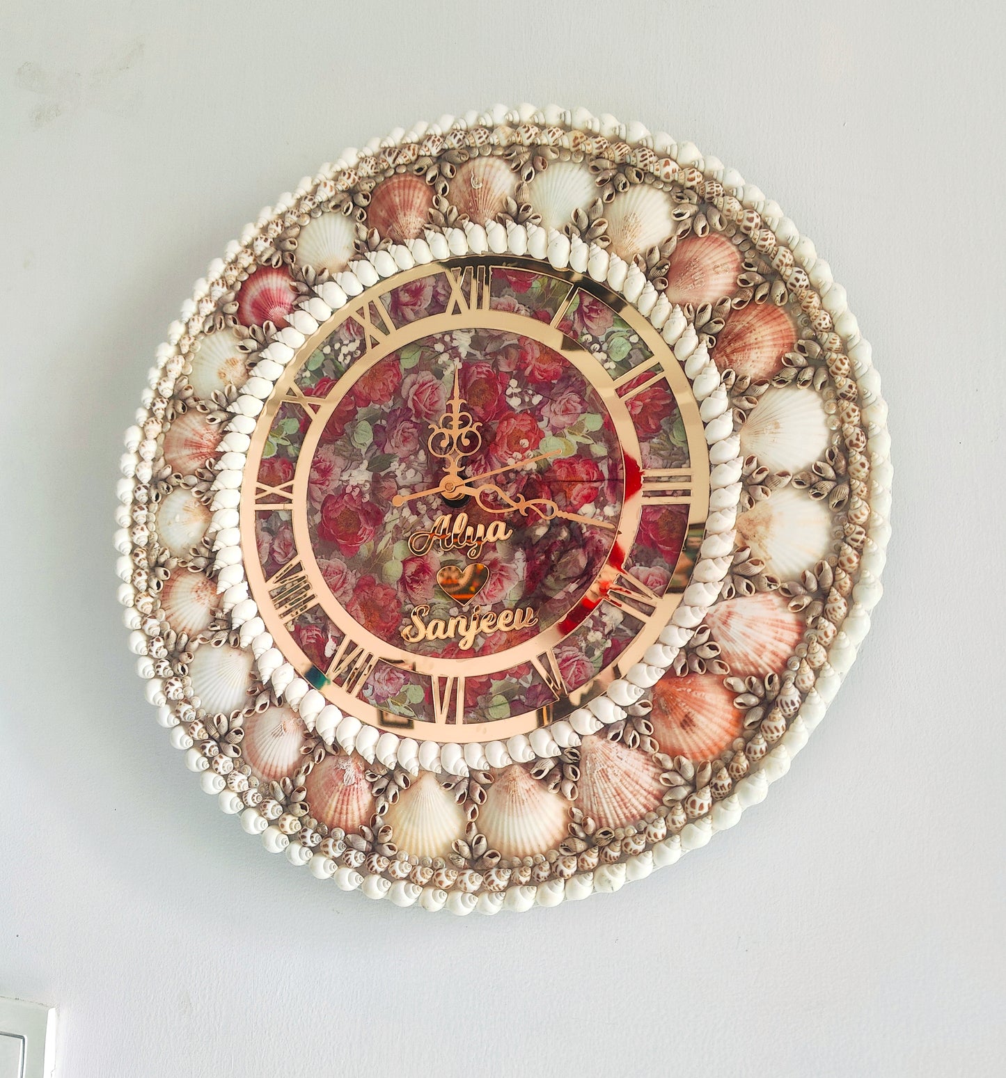Eternal Bloom: Personalized name Seashell Wall Clock with Floral Dial - Shellkrafts
