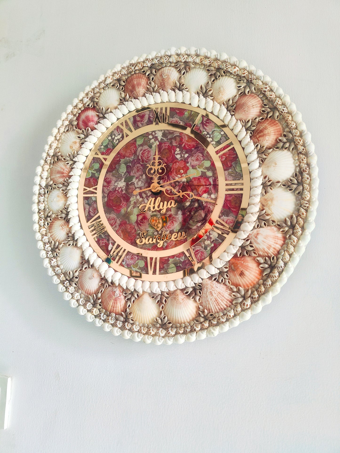 Eternal Bloom: Personalized name Seashell Wall Clock with Floral Dial - Shellkrafts